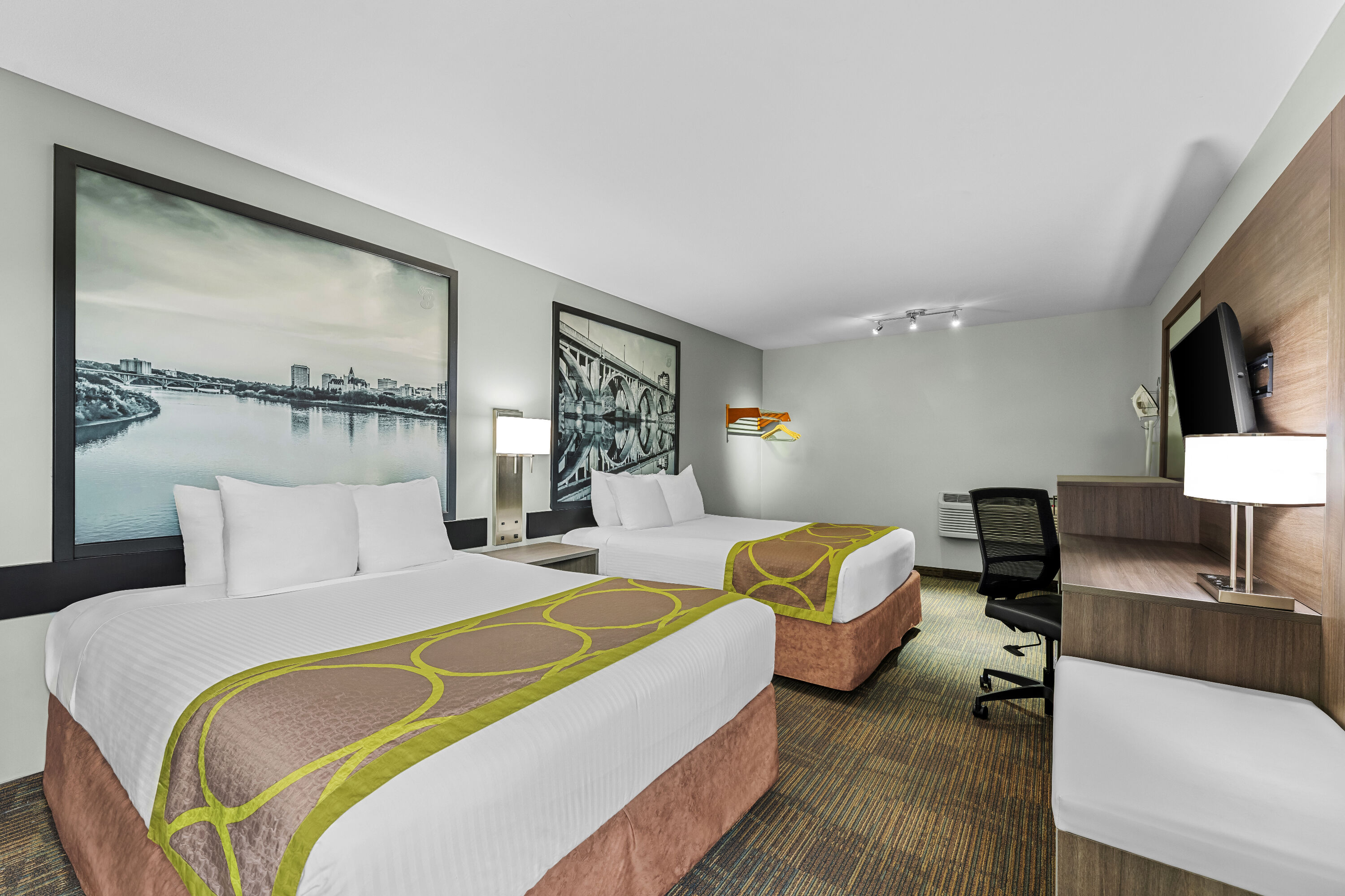 Double bed guest room at the Super 8 by Wyndham Saskatoon Near Saskatoon Airport in Saskatoon, Saskatchewan