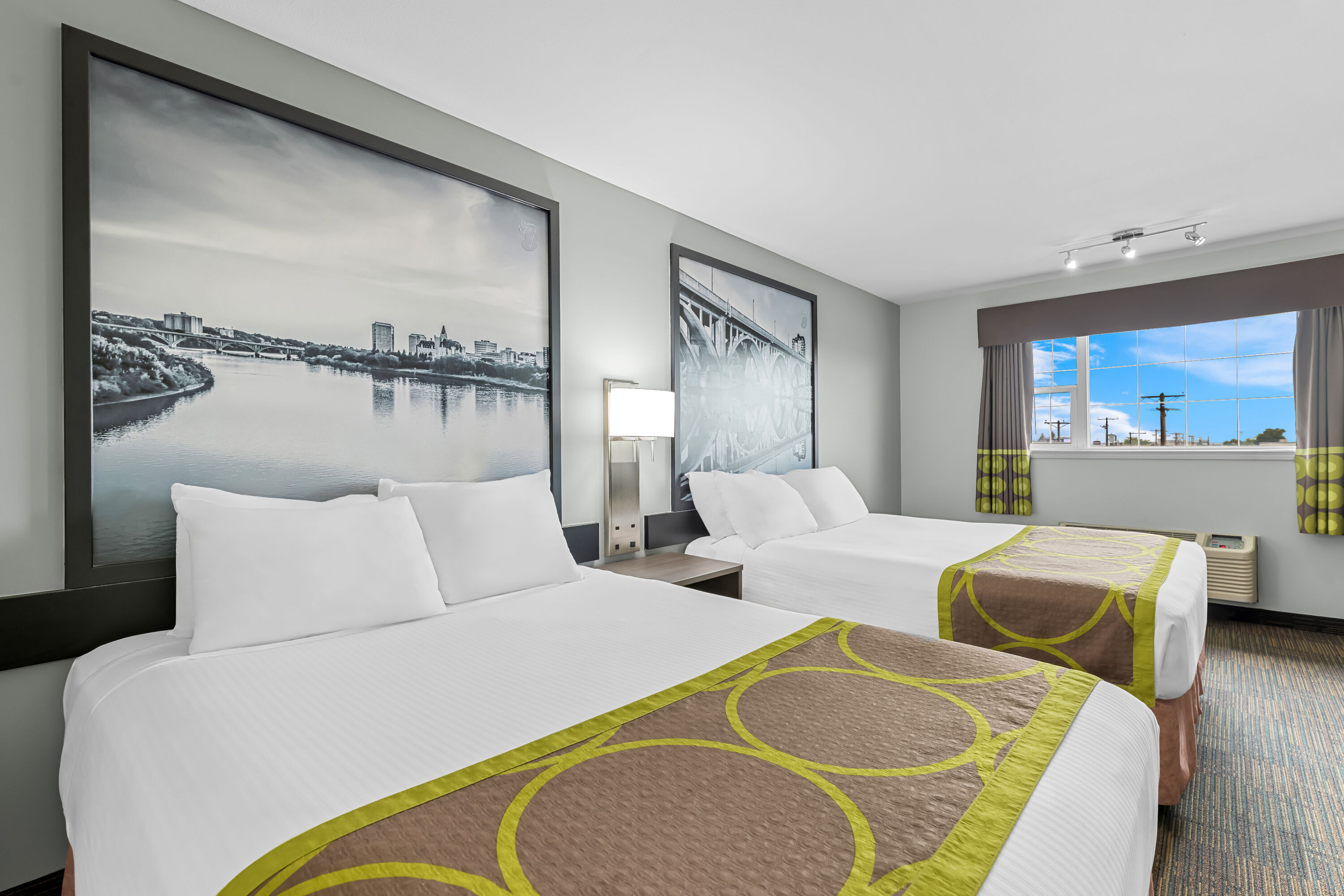 Double bed guest room at the Super 8 by Wyndham Saskatoon Near Saskatoon Airport in Saskatoon, Saskatchewan