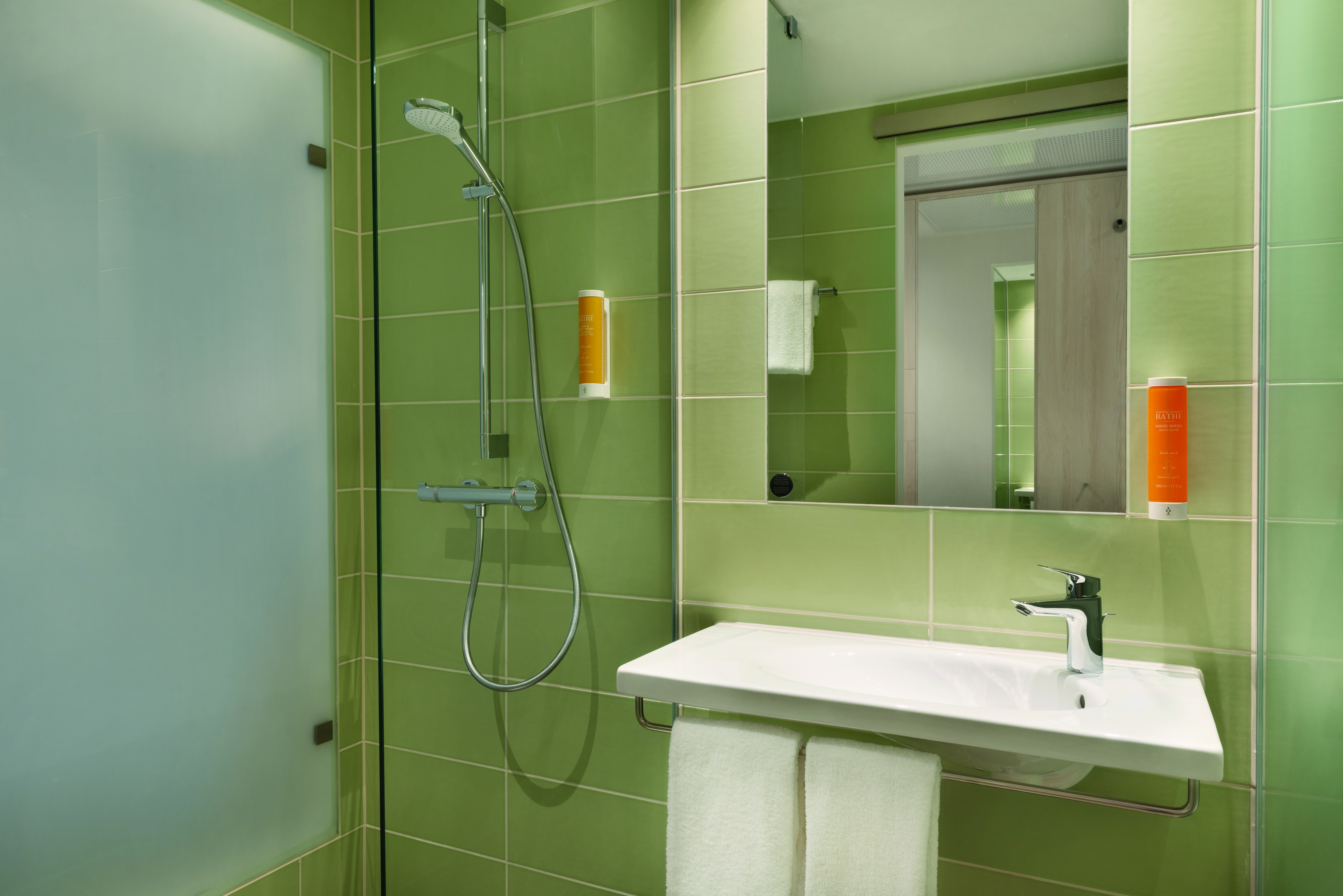 Guest room bath at the Super 8 by Wyndham Augsburg in Augsburg, Other than US/Canada