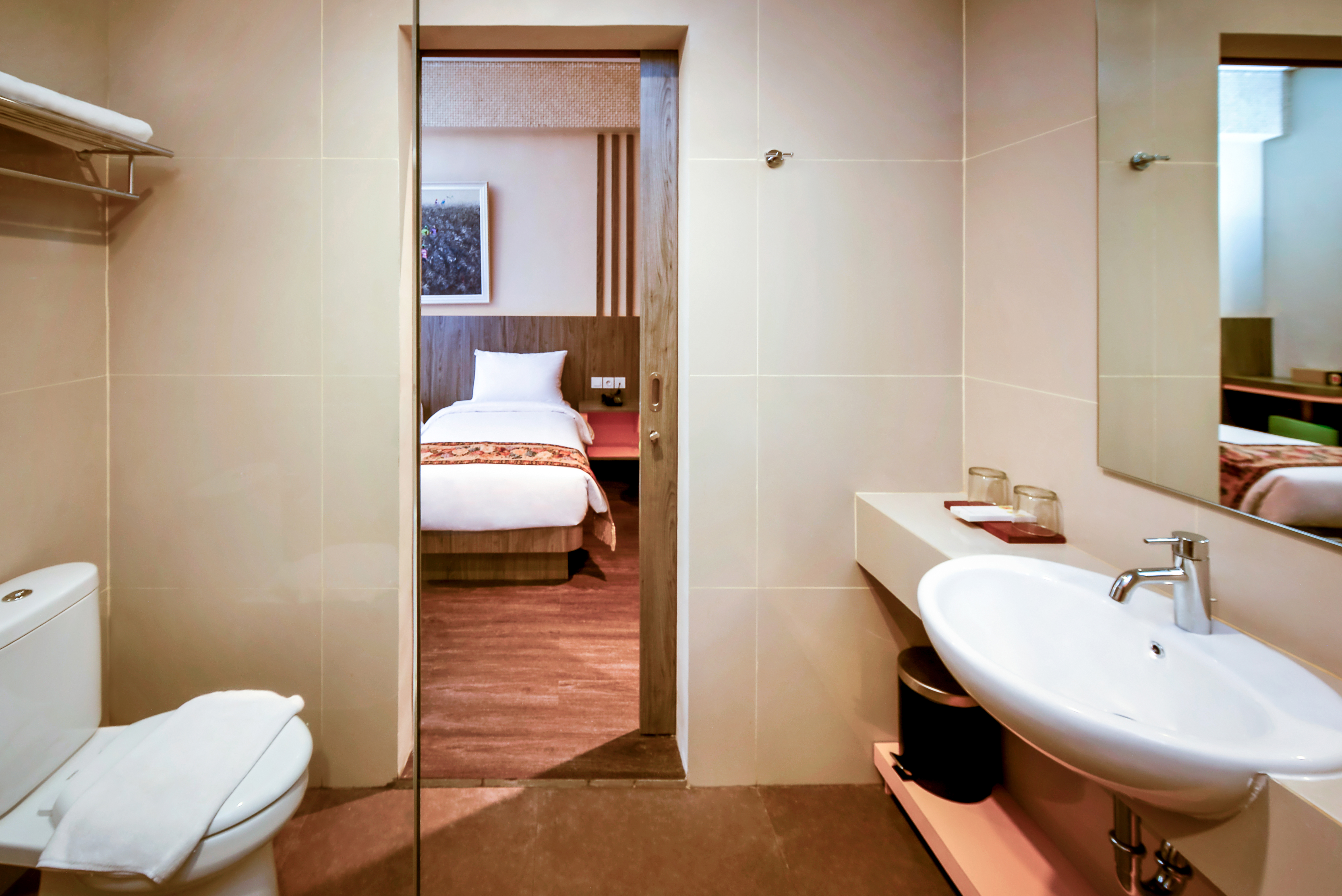 Guest room bath at the Super 8 by Wyndham Solo Indonesia in Surakarta, Other than US/Canada