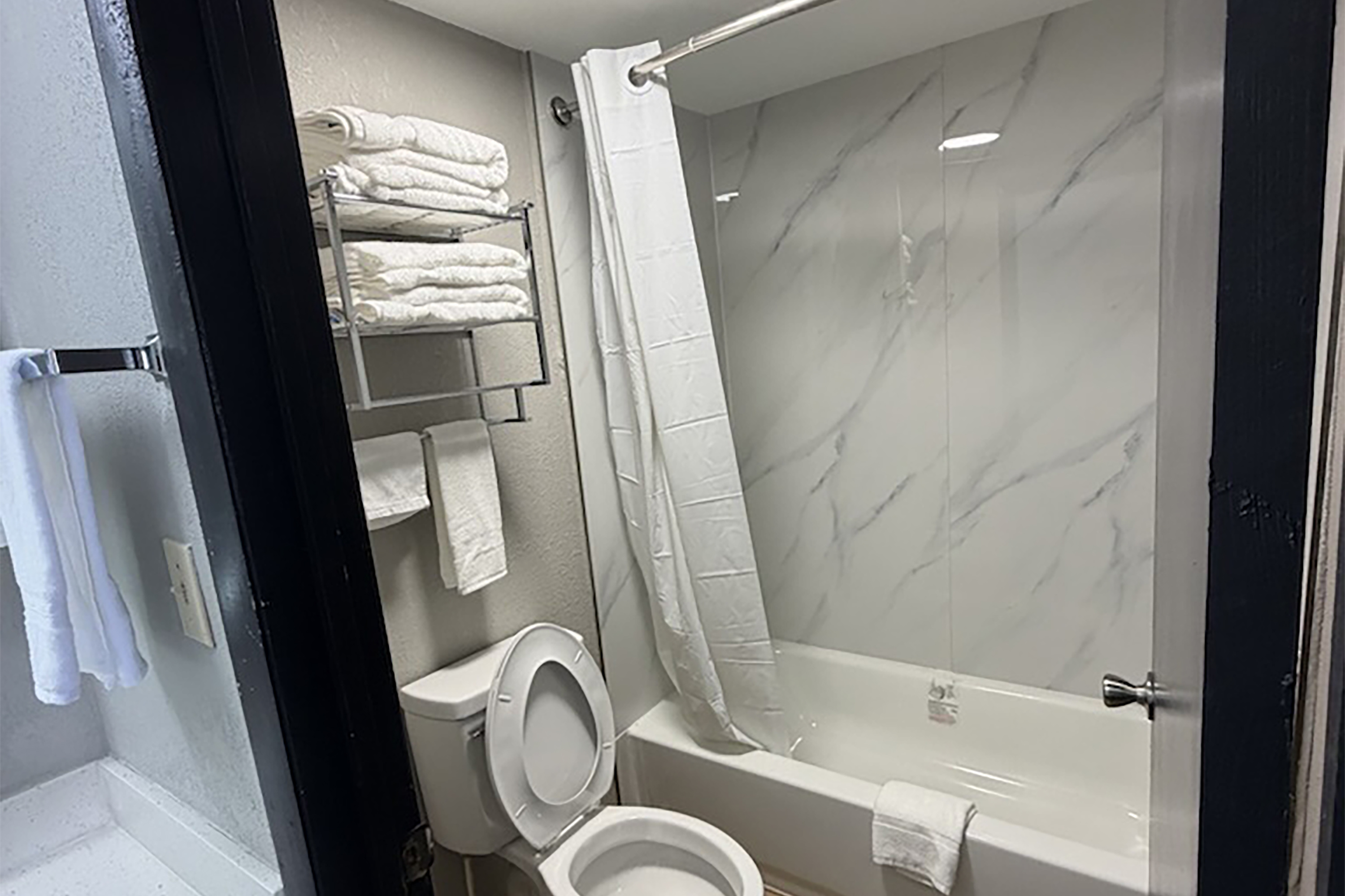 Guest room bath at the Super 8 by Wyndham Birmingham in Birmingham, Alabama