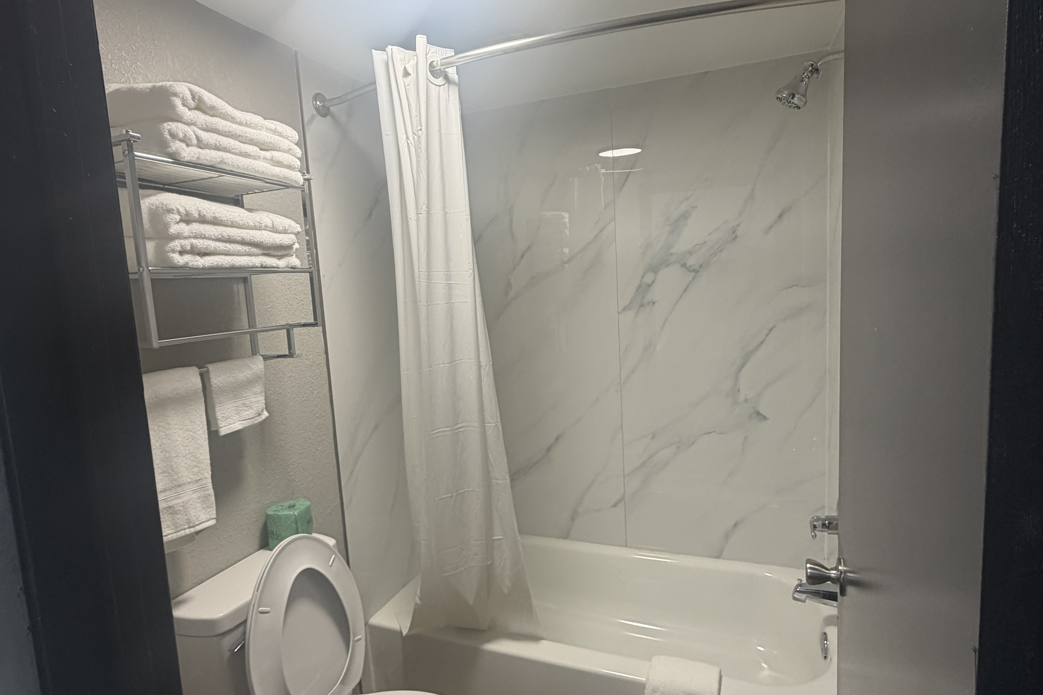 Guest room bath at the Super 8 by Wyndham Birmingham in Birmingham, Alabama