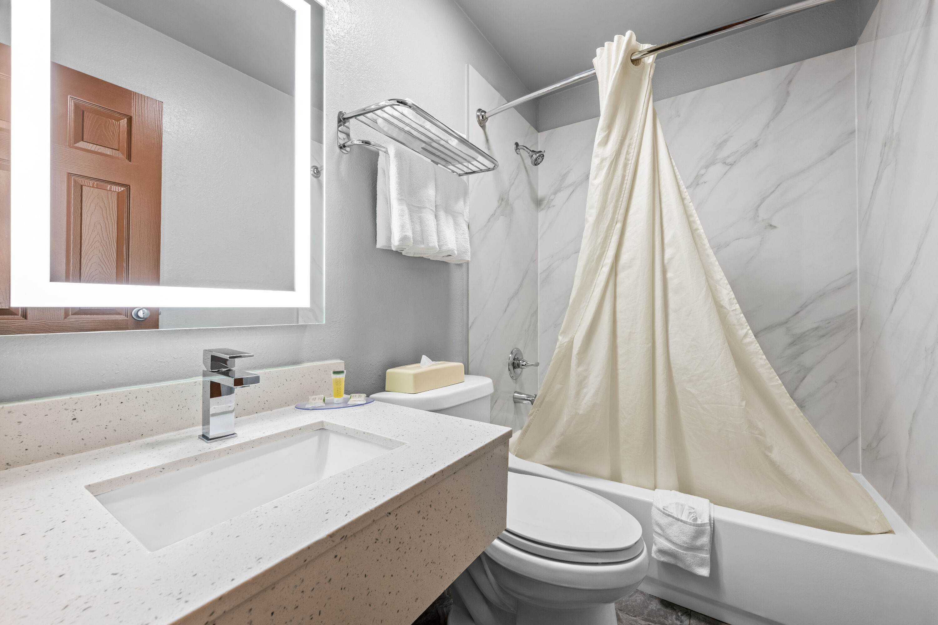 Guest room bath at the Super 8 by Wyndham Homewood Birmingham Area in Homewood, Alabama