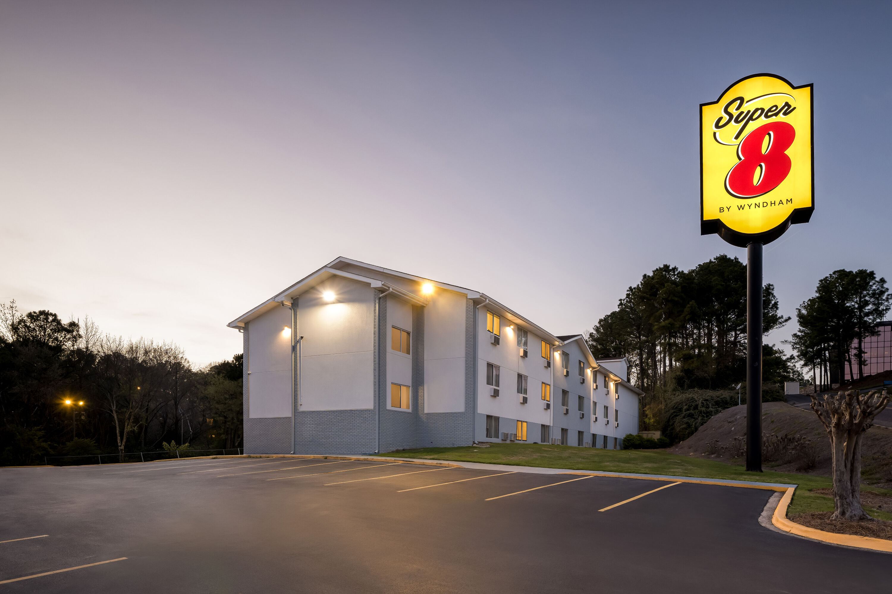 Exterior Night Image of Super 8 by Wyndham Homewood Birmingham Area hotel in Homewood, Alabama