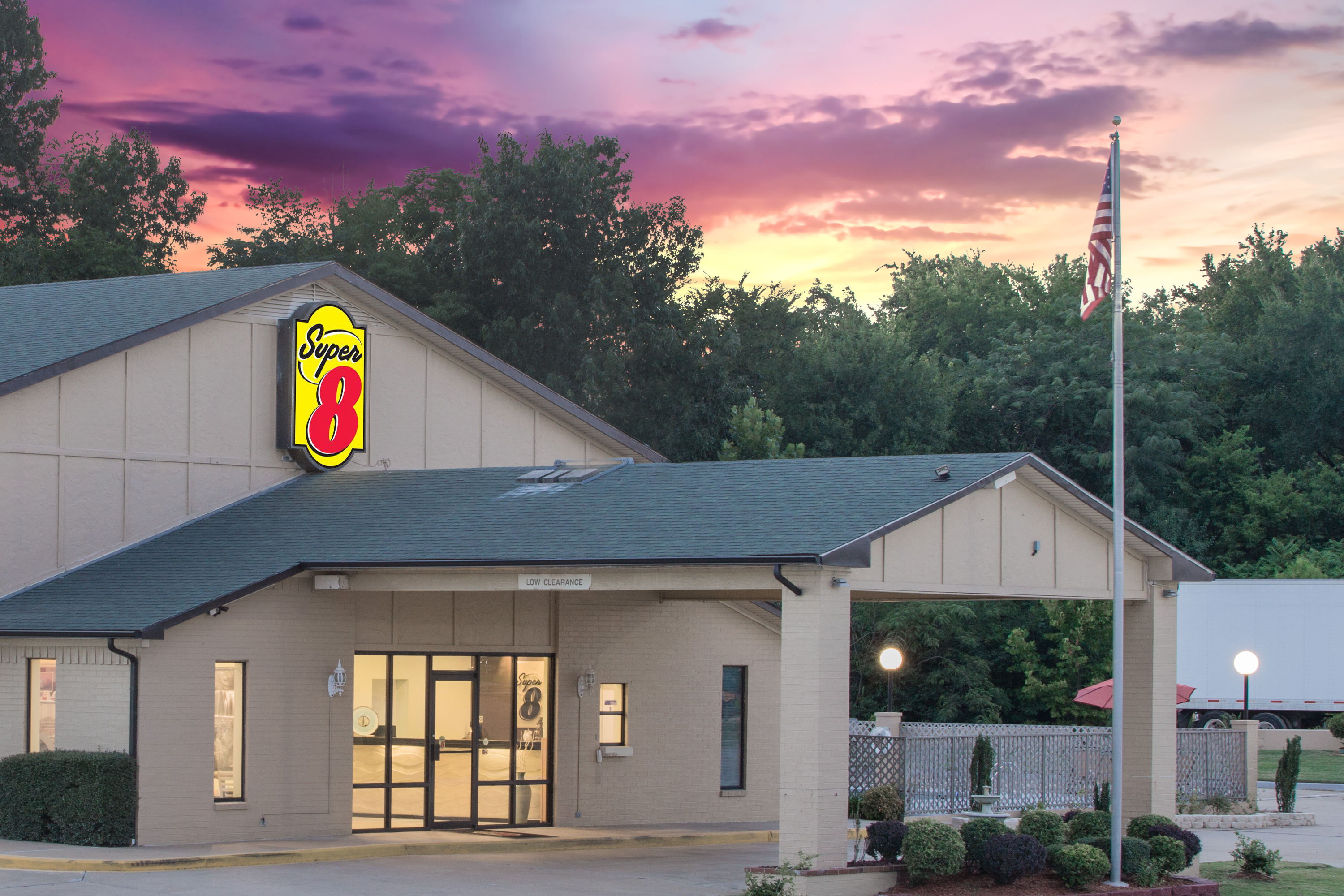 Exterior Dusk Image of Super 8 by Wyndham Clarksville AR hotel in Clarksville, Arkansas