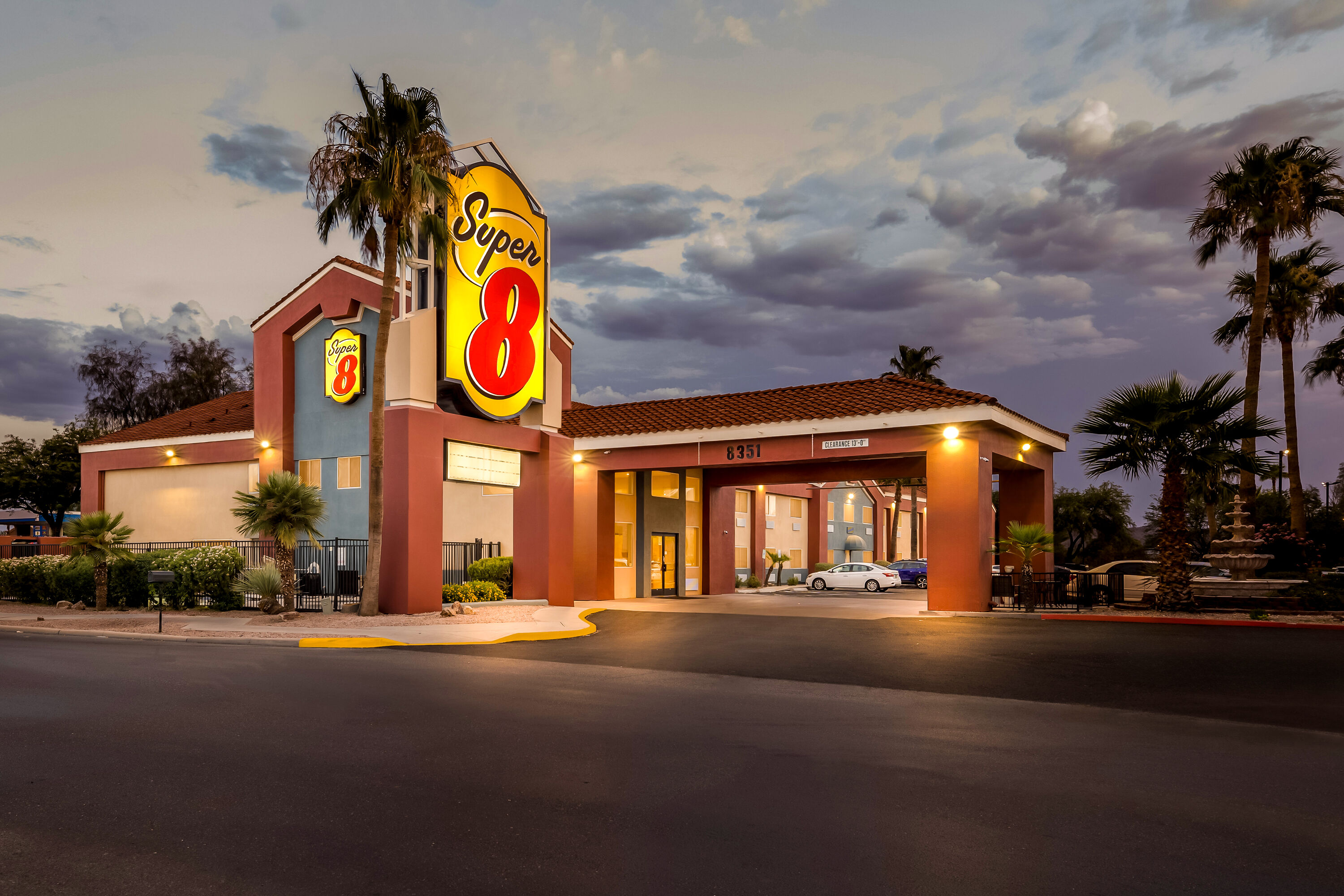 Exterior Night Image of Super 8 by Wyndham Marana/Tucson Area hotel in Marana, Arizona
