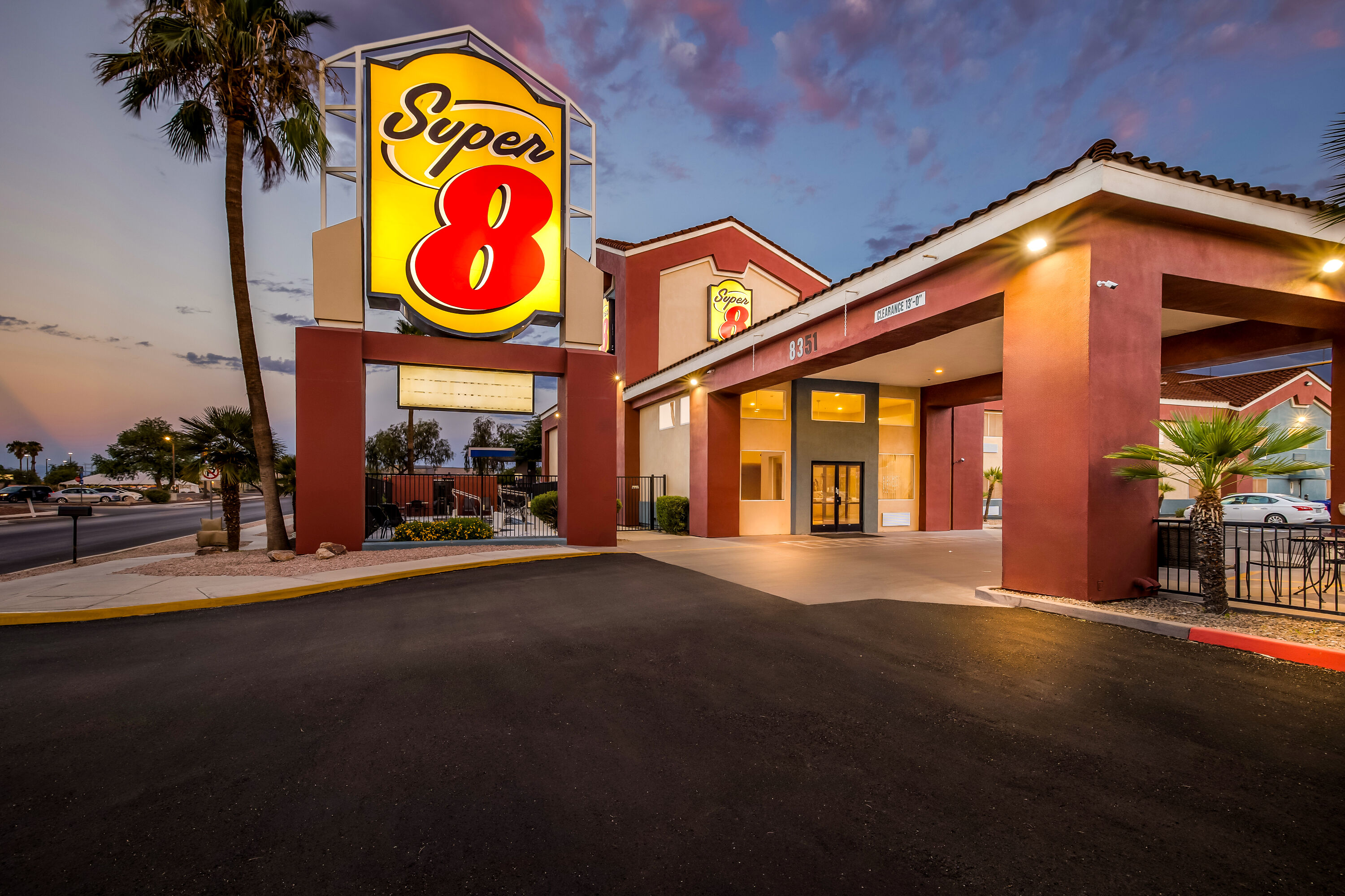 Exterior Night Image of Super 8 by Wyndham Marana/Tucson Area hotel in Marana, Arizona