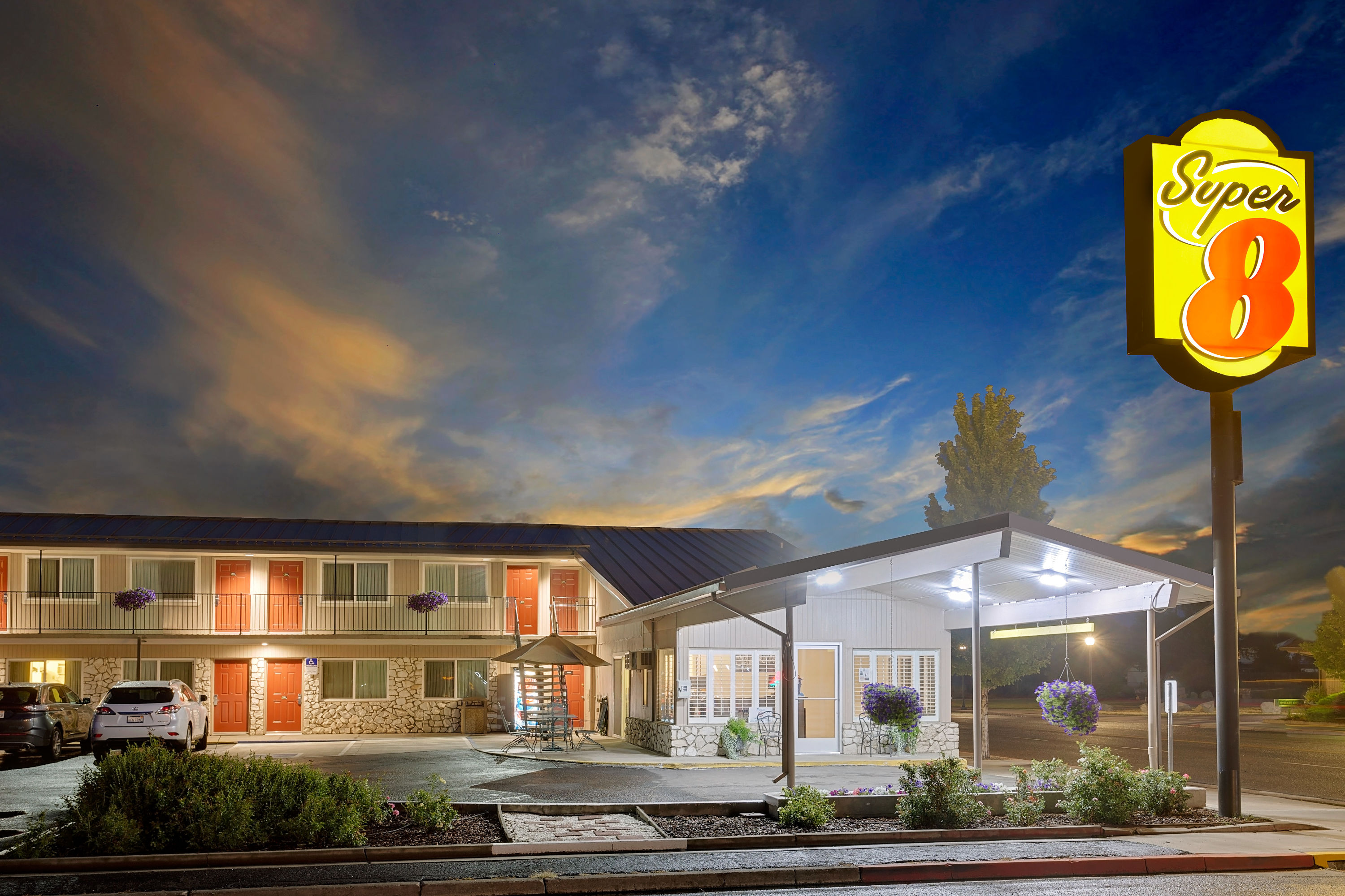 Exterior Dusk Image of Super 8 by Wyndham Alturas hotel in Alturas, California