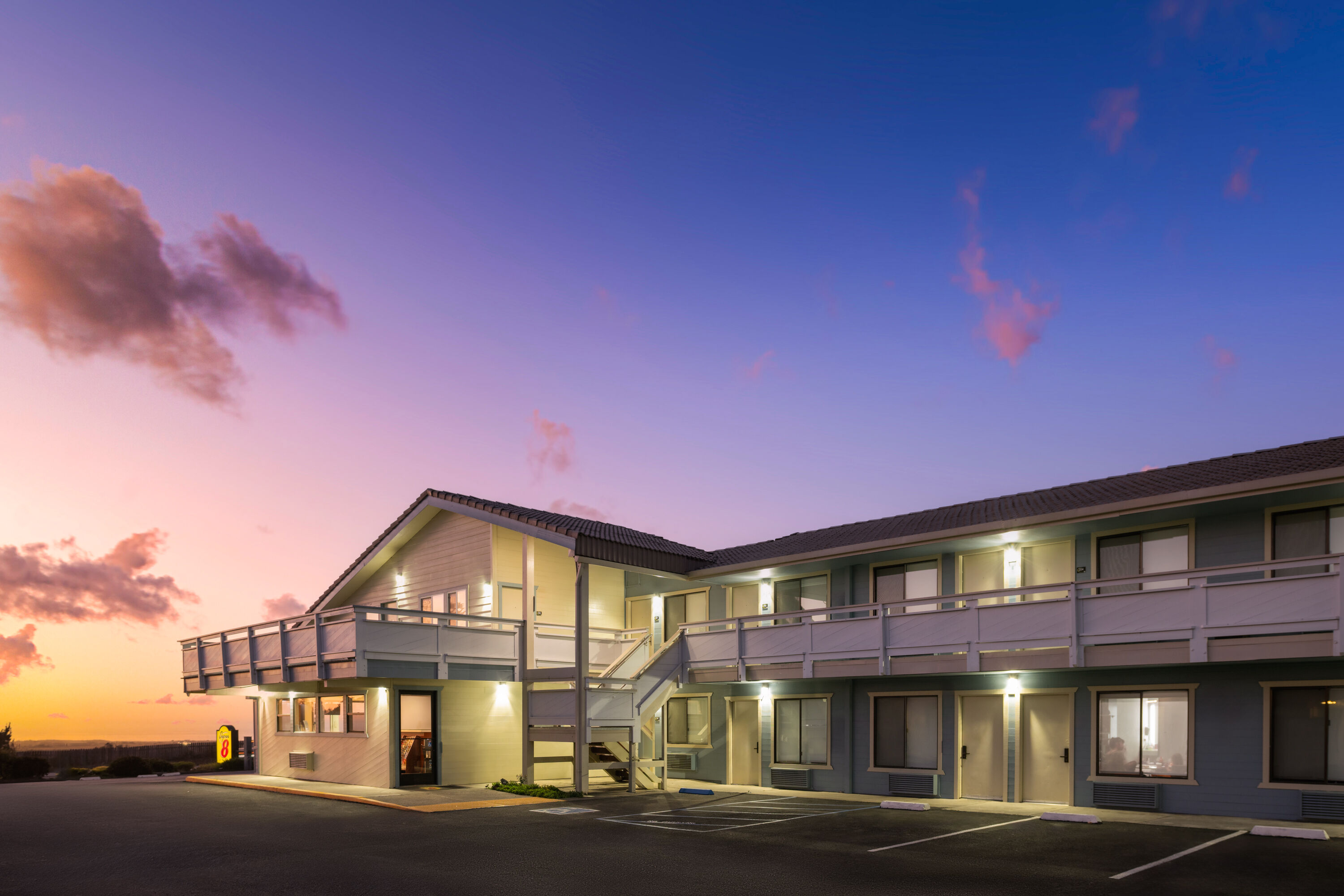 Exterior Dusk Image of Super 8 by Wyndham Fort Bragg hotel in Fort Bragg, California