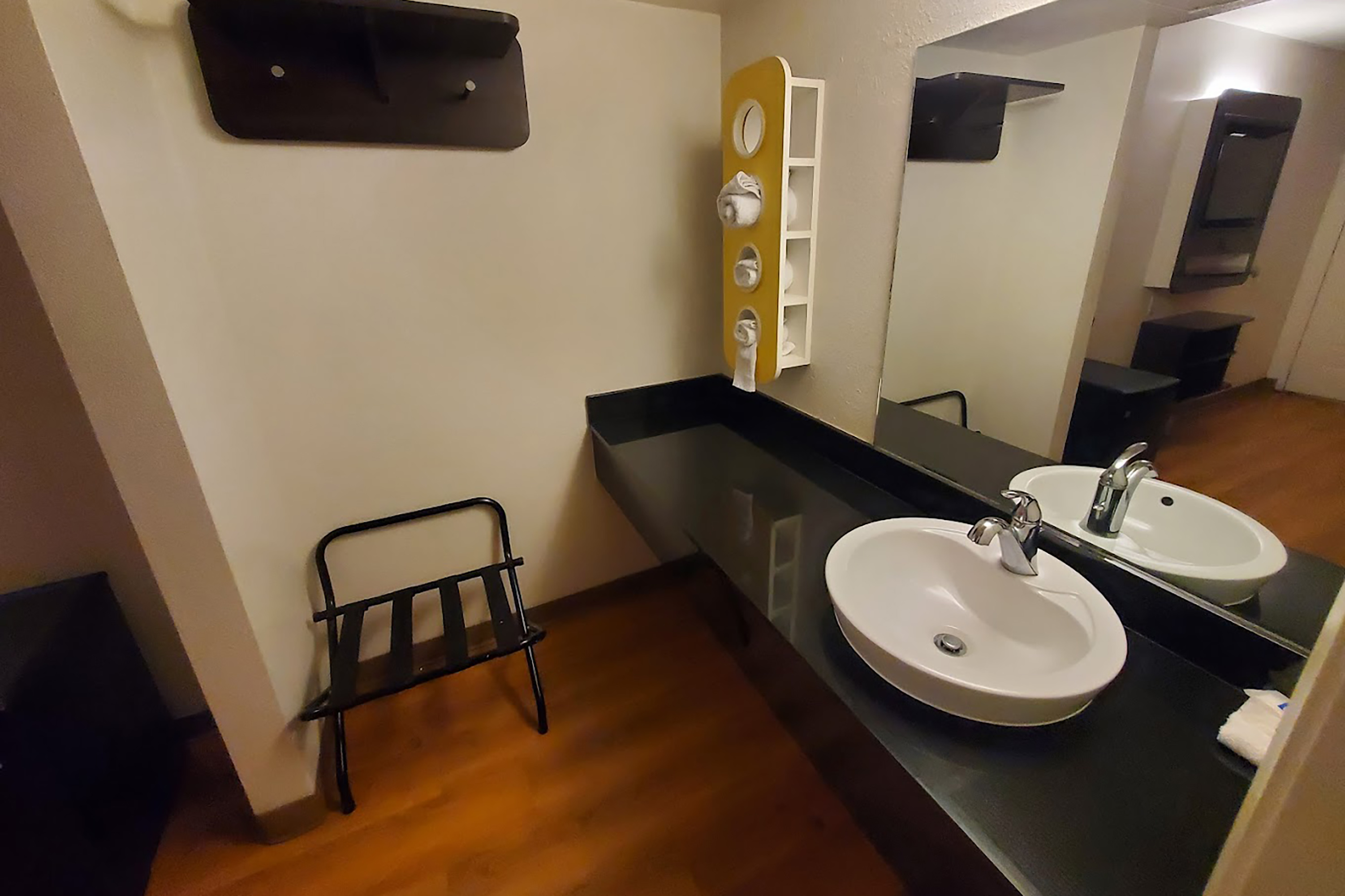 Guest room bath at the Super 8 by Wyndham Petaluma in Petaluma, California