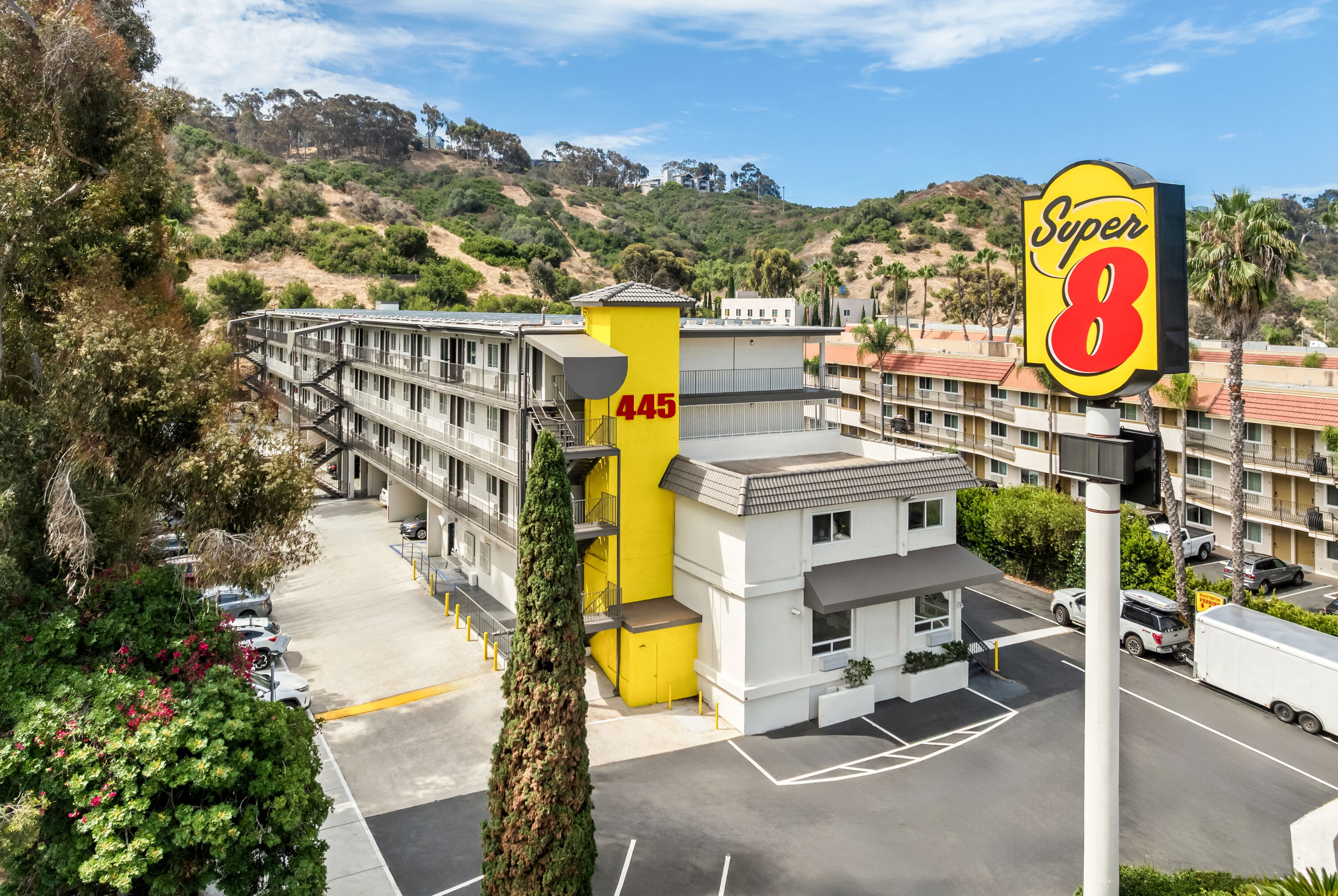 Aerial View of Super 8 by Wyndham San Diego Hotel Circle hotel in San Diego, California