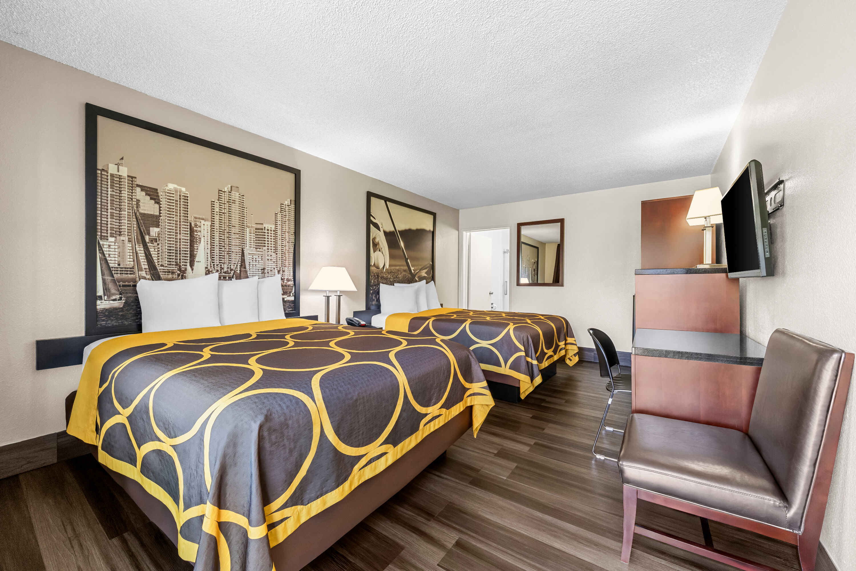 Double bed guest room at the Super 8 by Wyndham San Diego Hotel Circle in San Diego, California