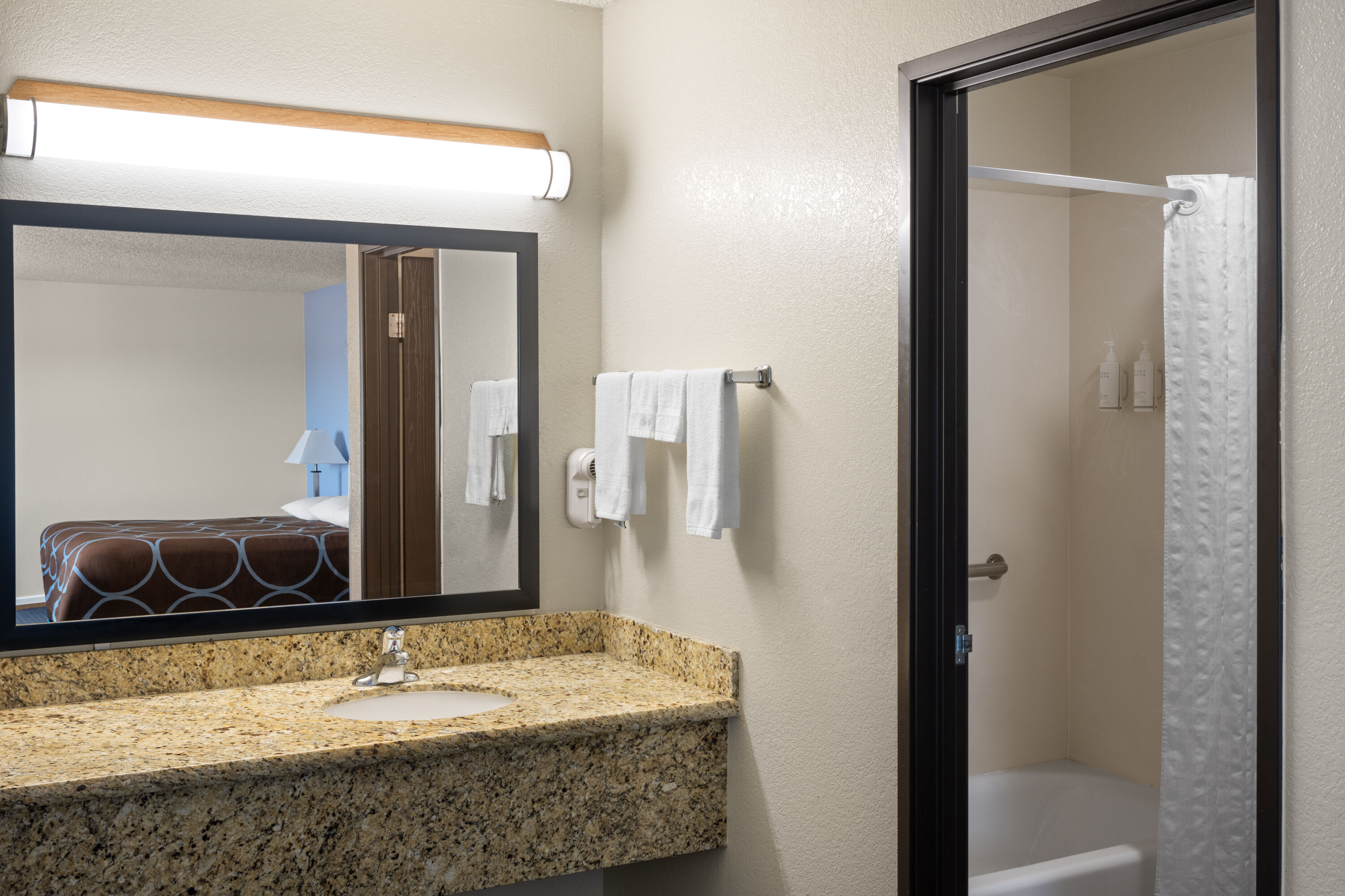 Guest room bath at the Super 8 by Wyndham Susanville in Susanville, California