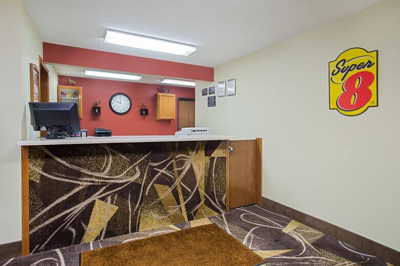 Super 8 Charles City hotel lobby in Charles City, Iowa
