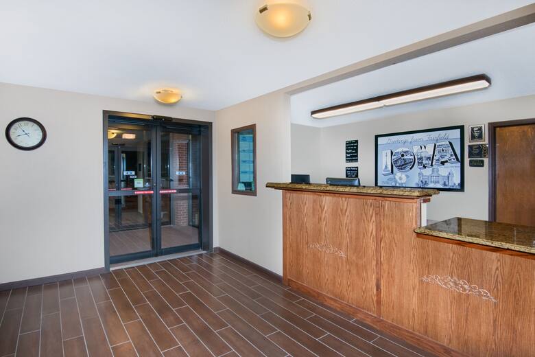 Super 8 Fairfield hotel lobby in Fairfield, Iowa