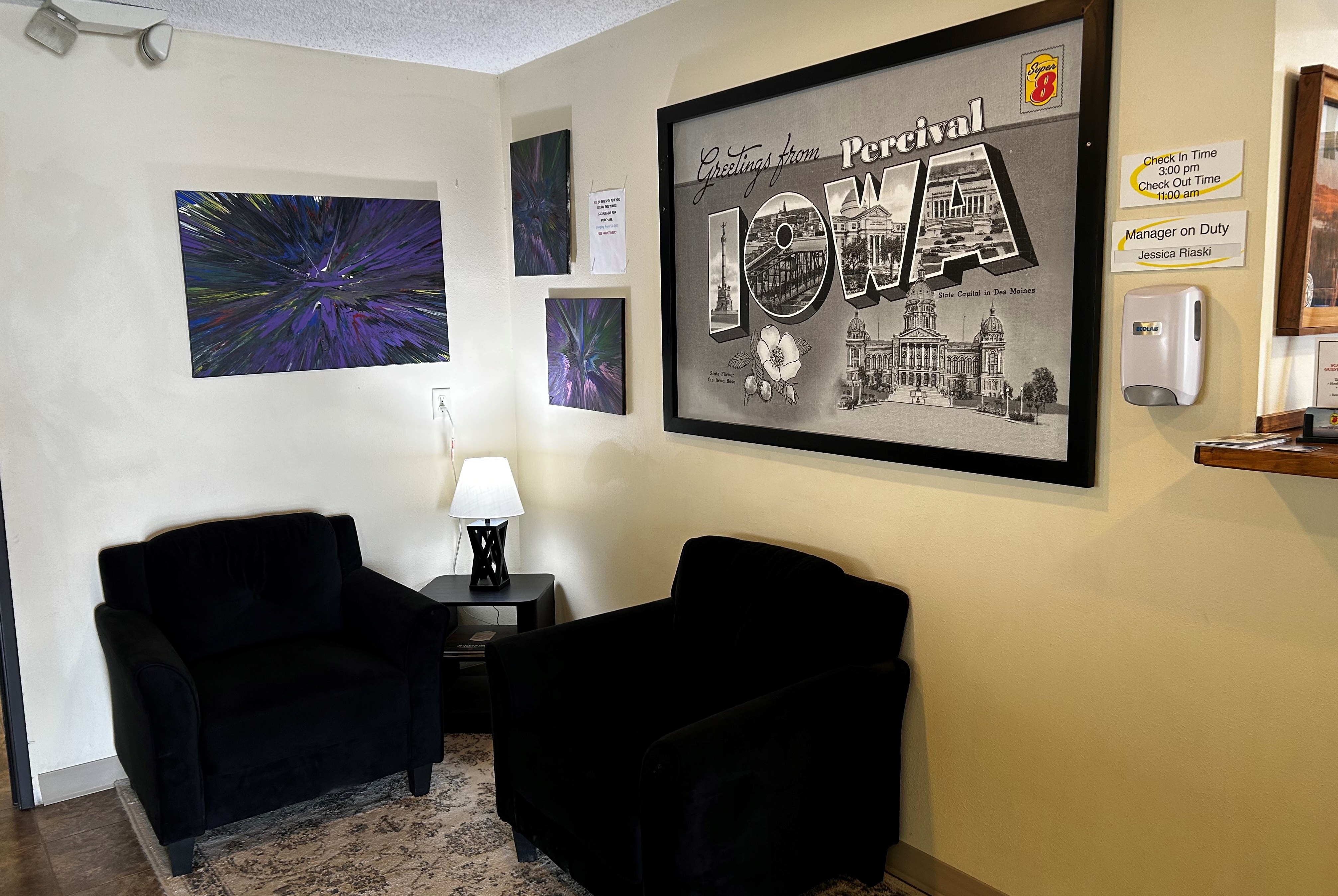 Super 8 by Wyndham Nebraska City reception in Percival, Iowa
