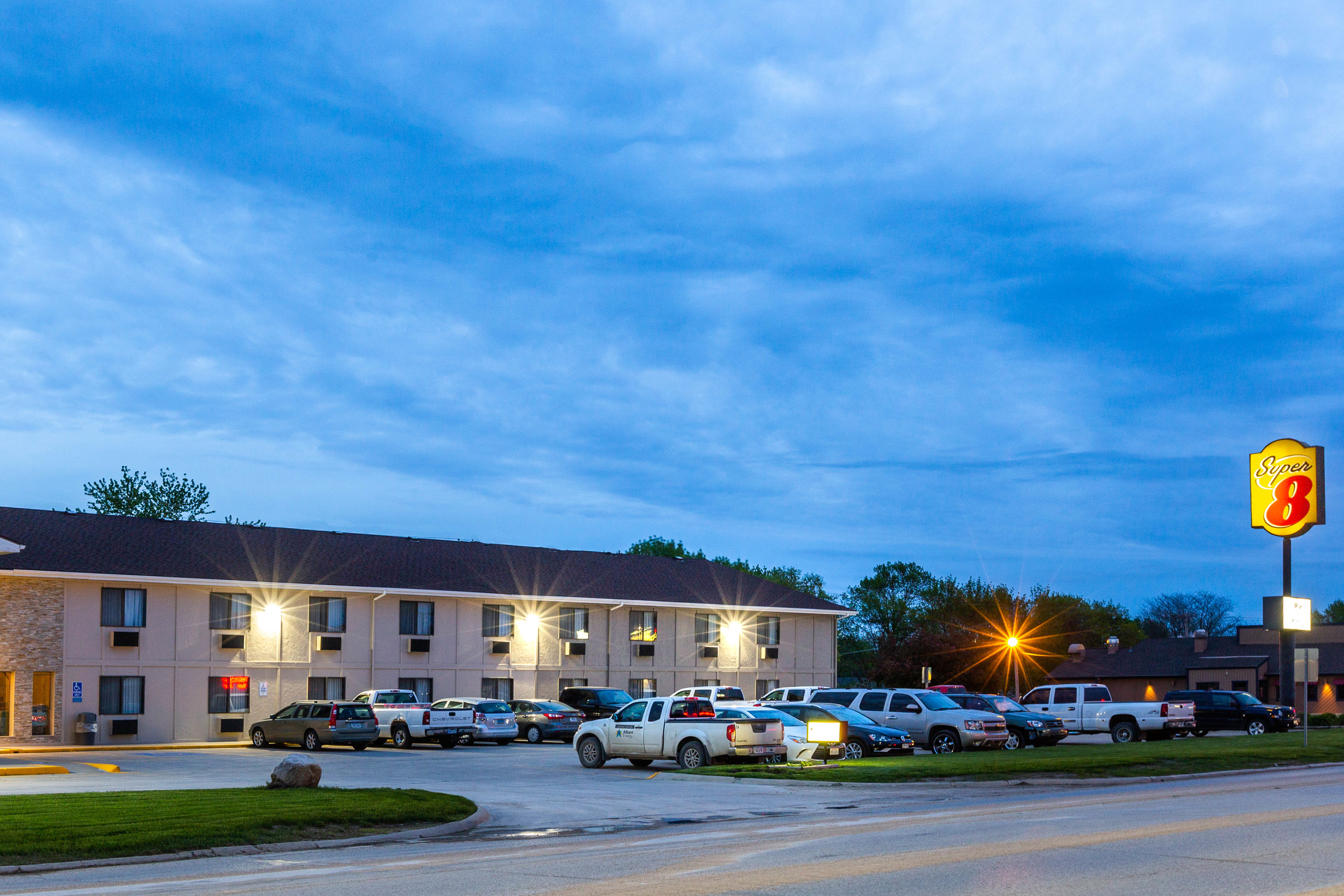 Exterior Dusk Image of Super 8 by Wyndham Storm Lake hotel in Storm Lake, Iowa