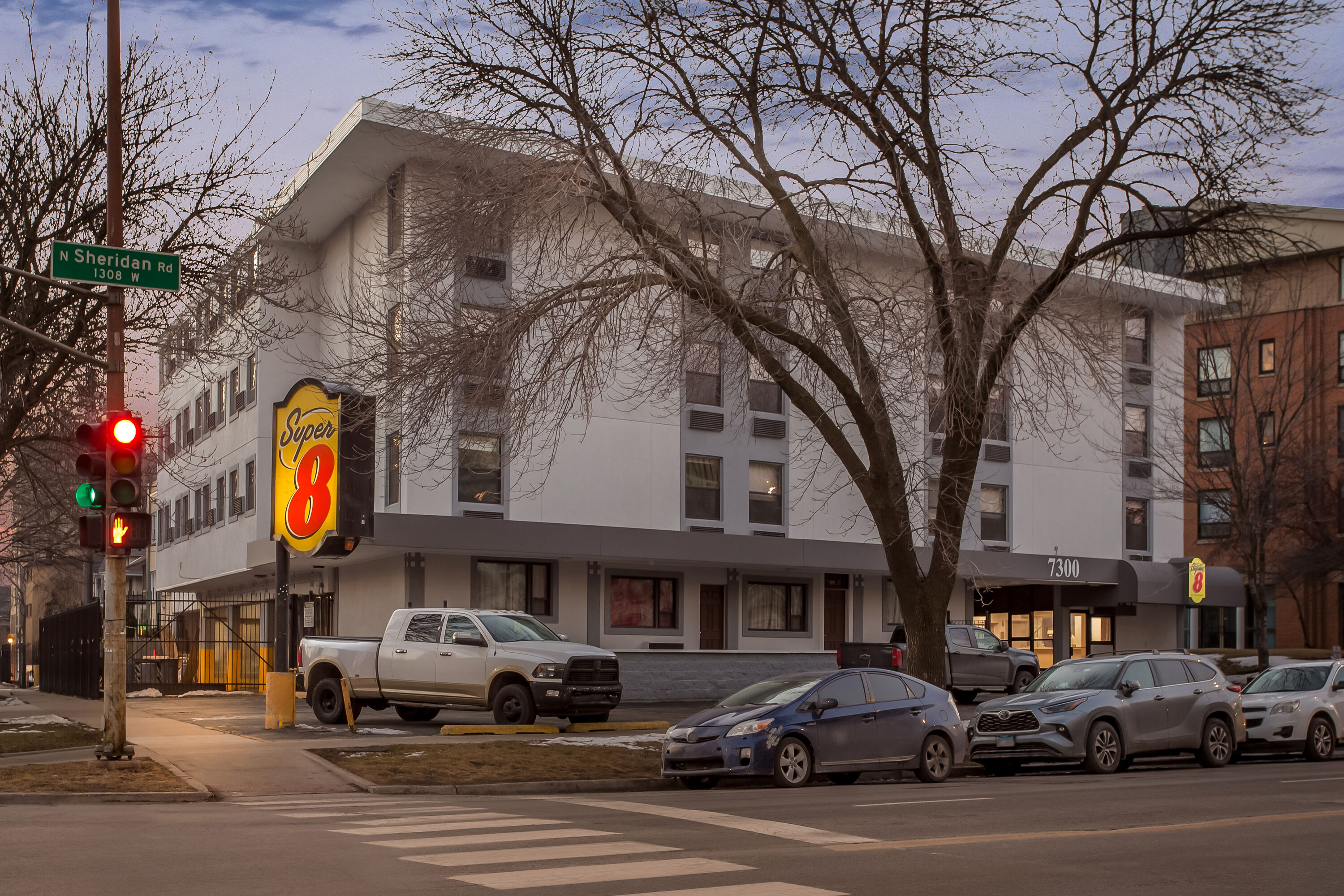 Exterior Night Image of Super 8 by Wyndham Chicago IL hotel in Chicago, Illinois