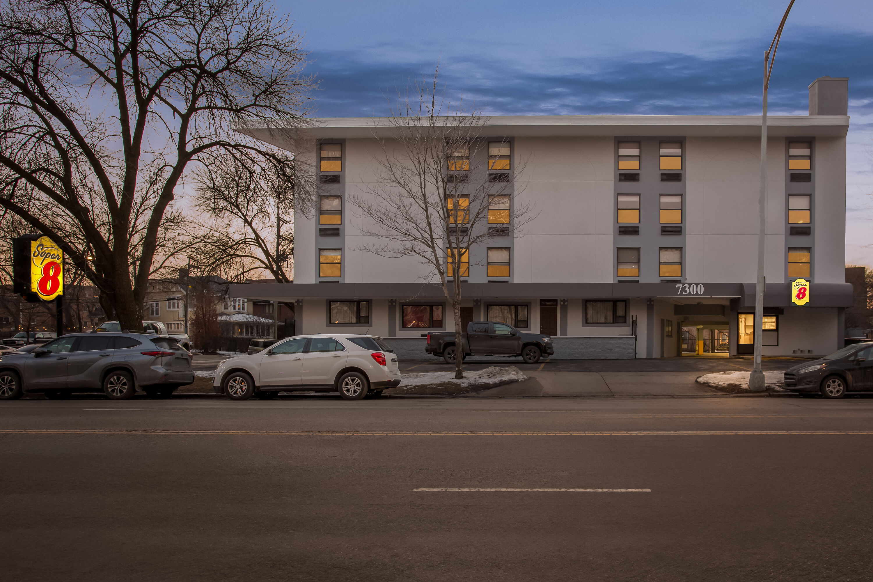 Exterior Night Image of Super 8 by Wyndham Chicago IL hotel in Chicago, Illinois