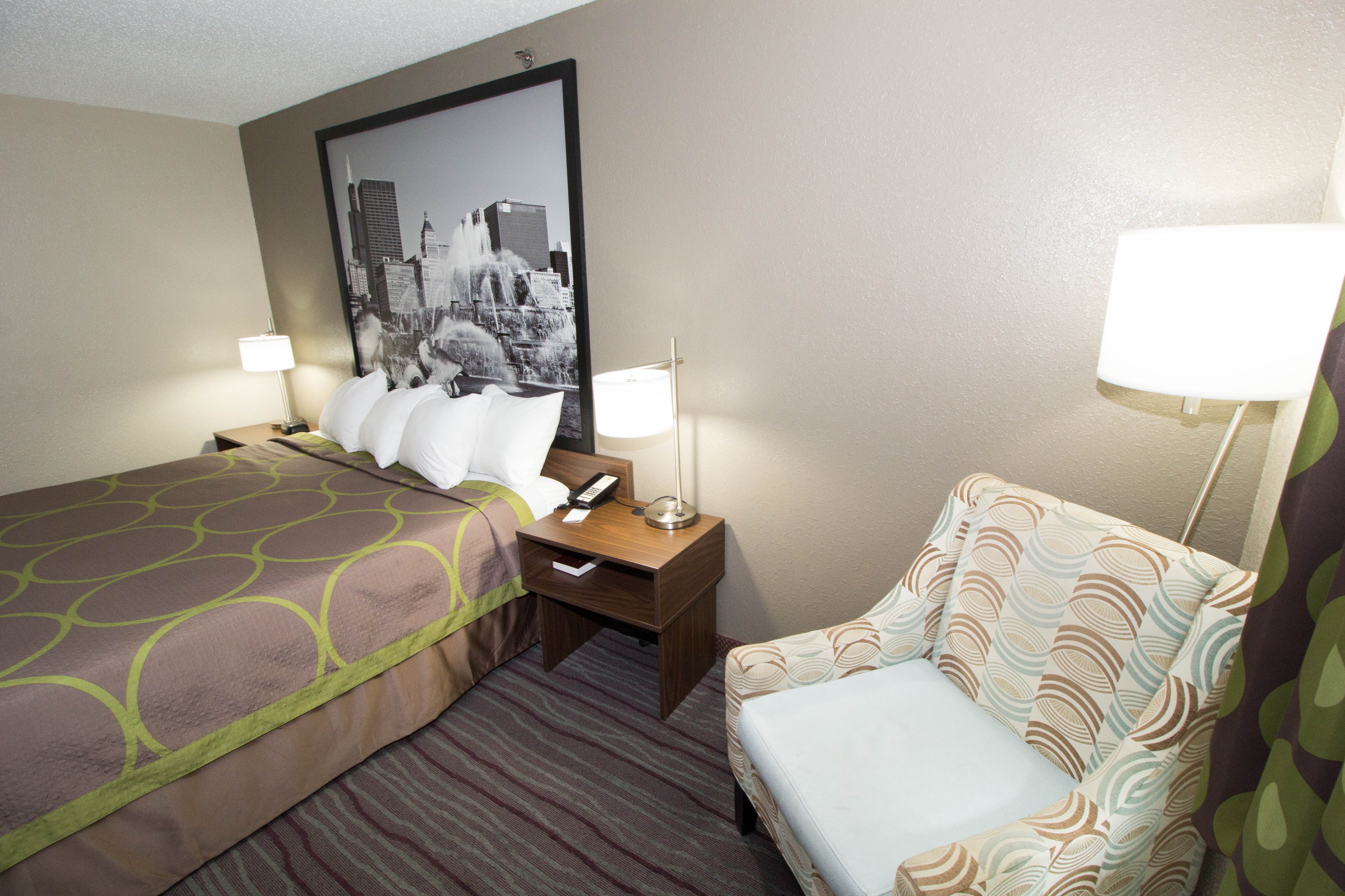Guest room at the Super 8 by Wyndham Chicago O'Hare Airport in Elk Grove Village, Illinois