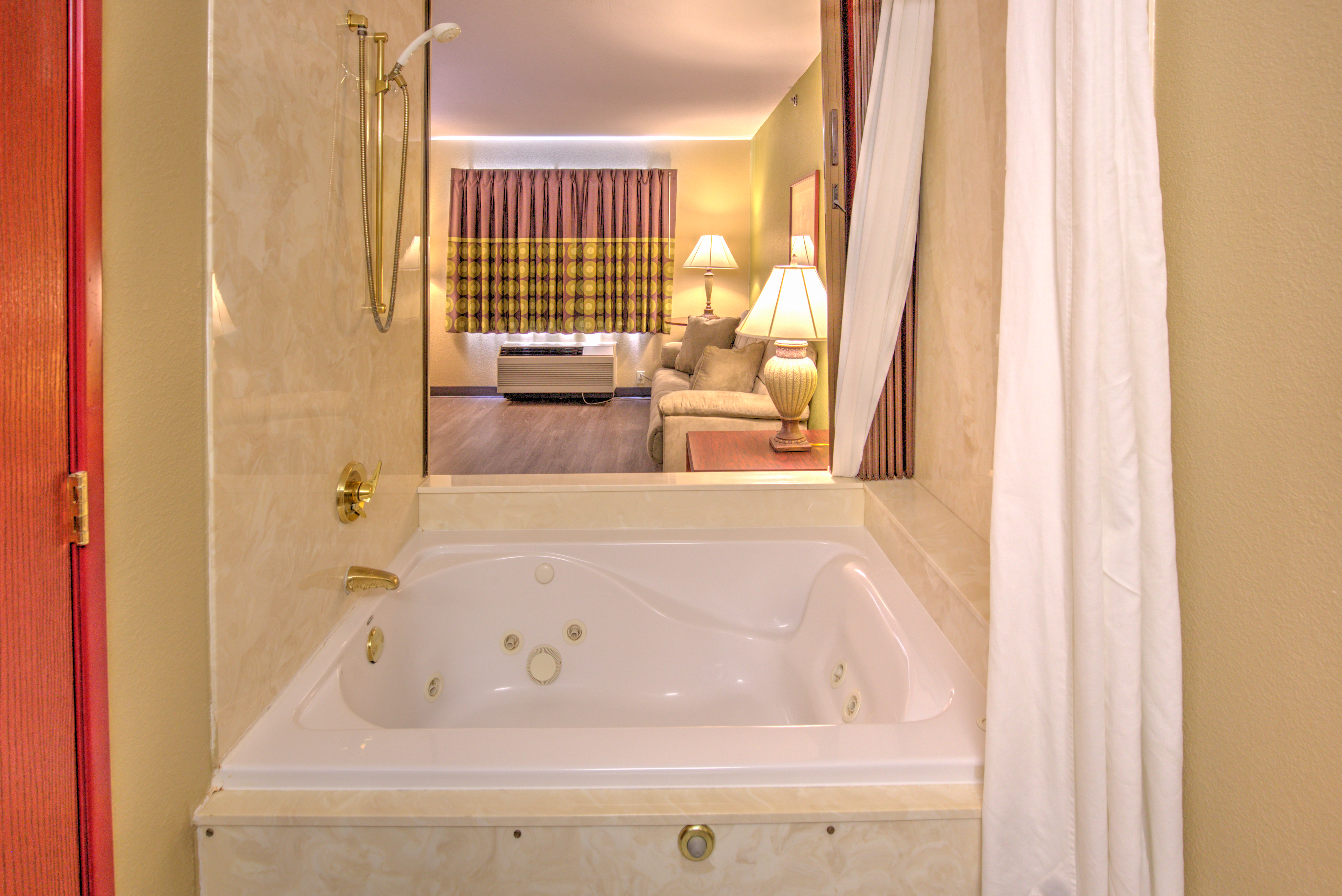 Guest room bath at the Super 8 by Wyndham Waterloo in Waterloo, Illinois