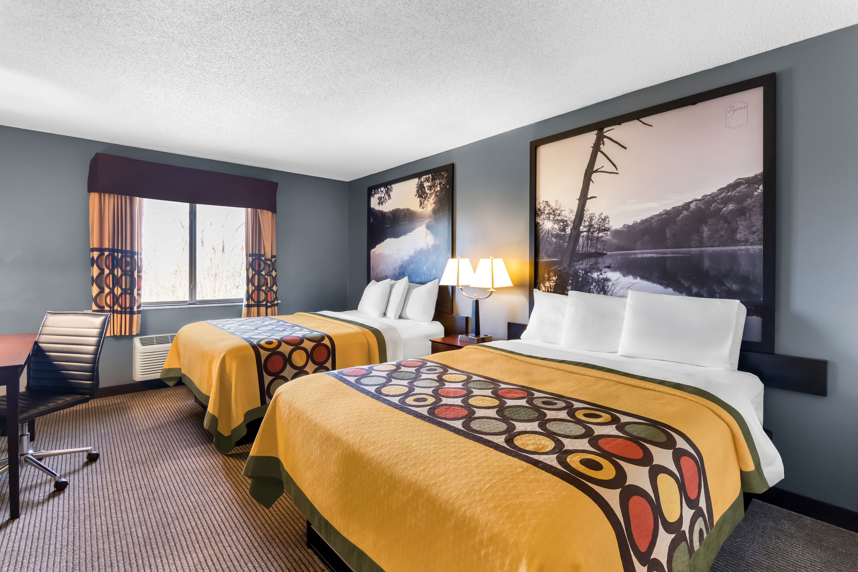 Double bed guest room at the Super 8 by Wyndham Bloomington University Area in Bloomington, Indiana