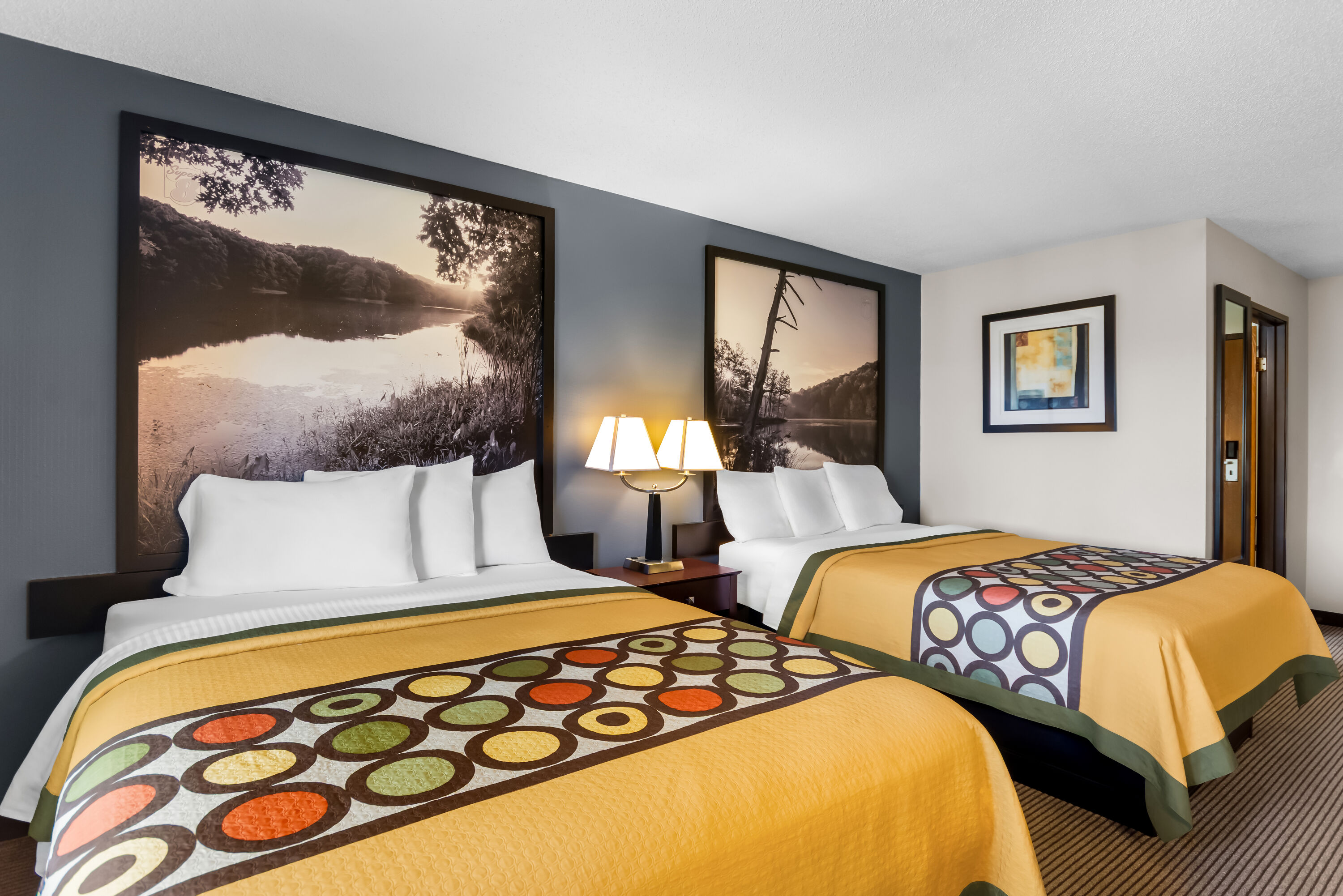 Double bed guest room at the Super 8 by Wyndham Bloomington University Area in Bloomington, Indiana