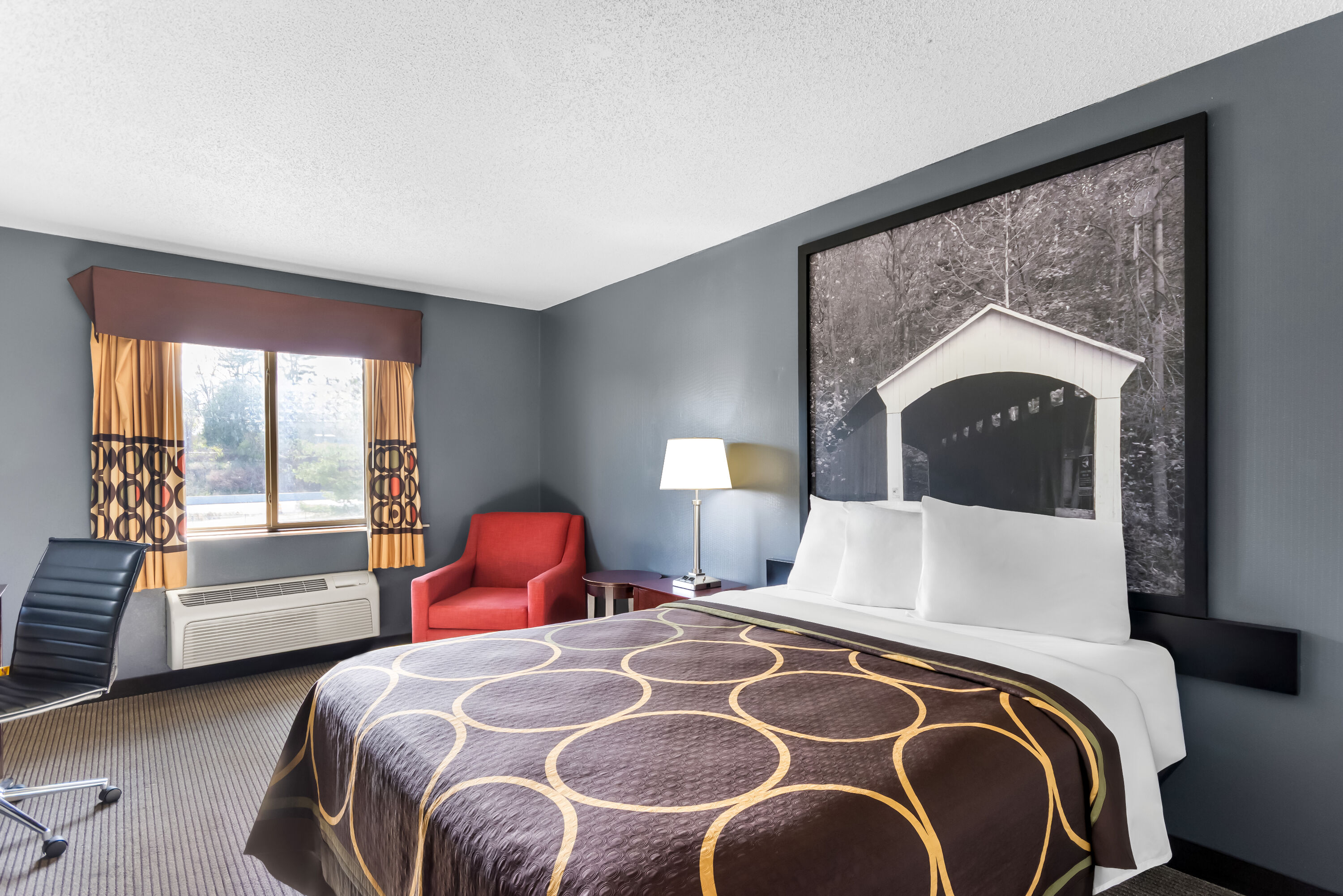 Queen bed guest room at the Super 8 by Wyndham Bloomington University Area in Bloomington, Indiana