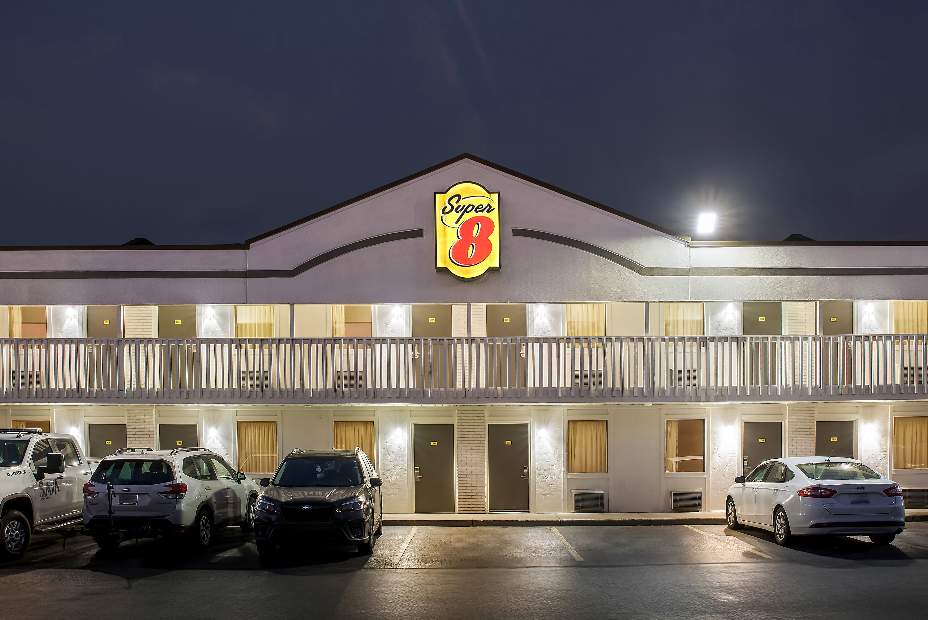 Exterior Night Image of Super 8 by Wyndham Brownsburg hotel in Brownsburg, Indiana