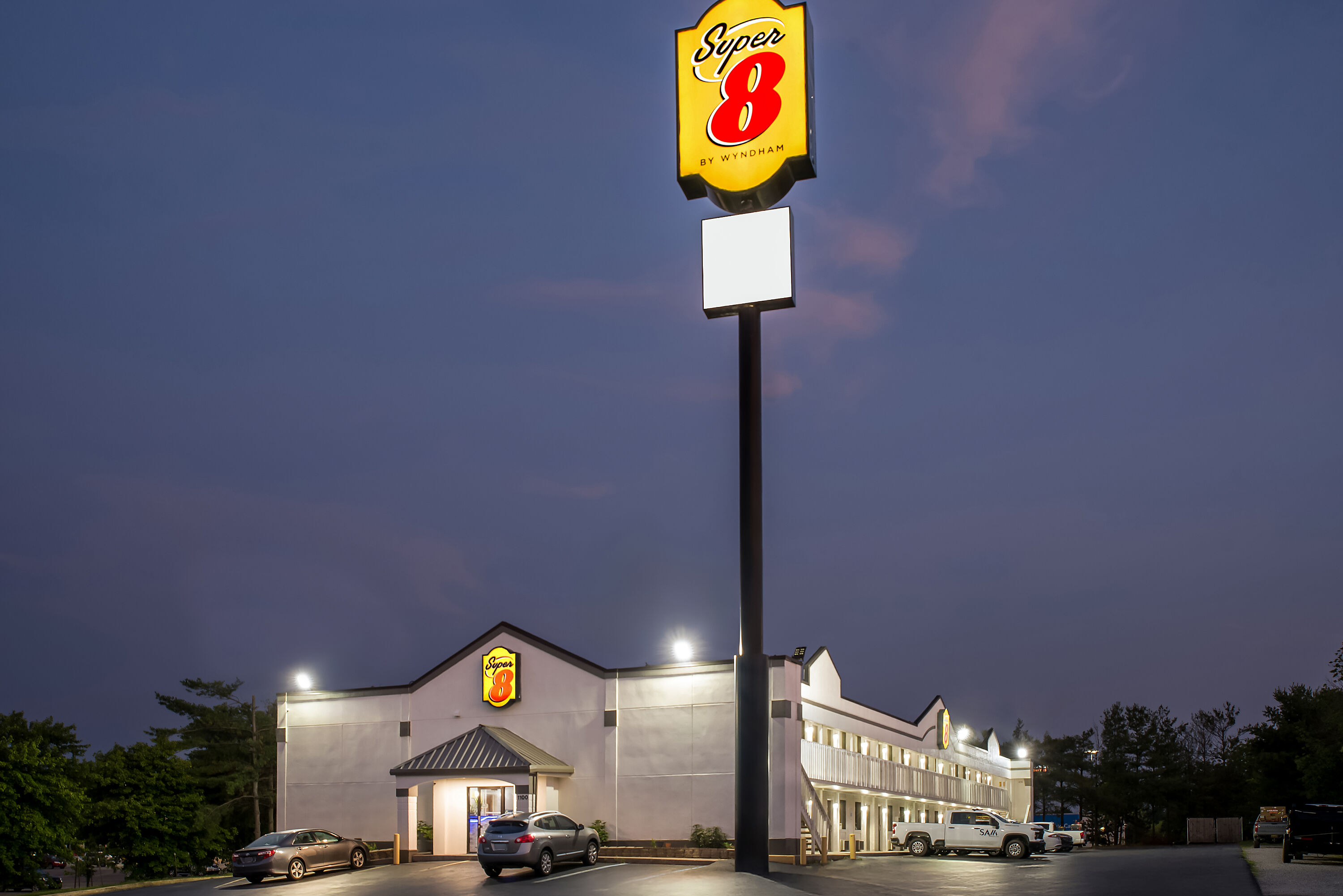 Exterior Night Image of Super 8 by Wyndham Brownsburg hotel in Brownsburg, Indiana