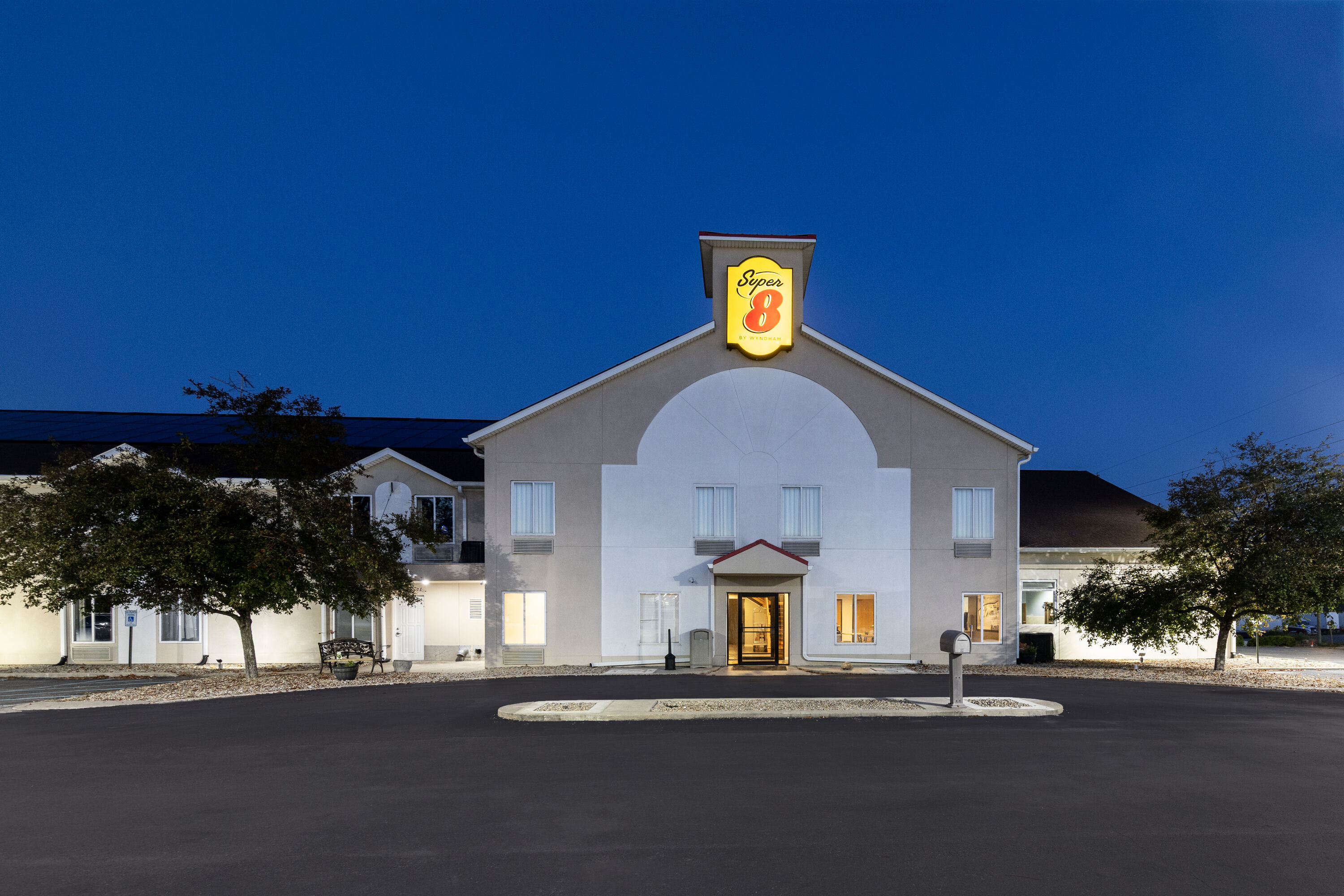 Exterior Night Image of Super 8 by Wyndham Cloverdale IN hotel in Cloverdale, Indiana