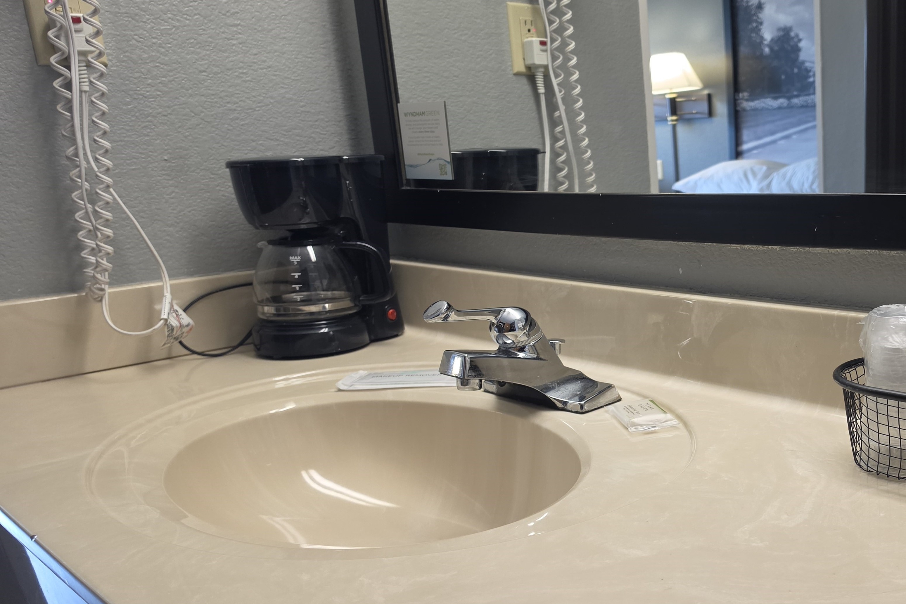 Guest room bath at the Super 8 by Wyndham Cloverdale IN in Cloverdale, Indiana