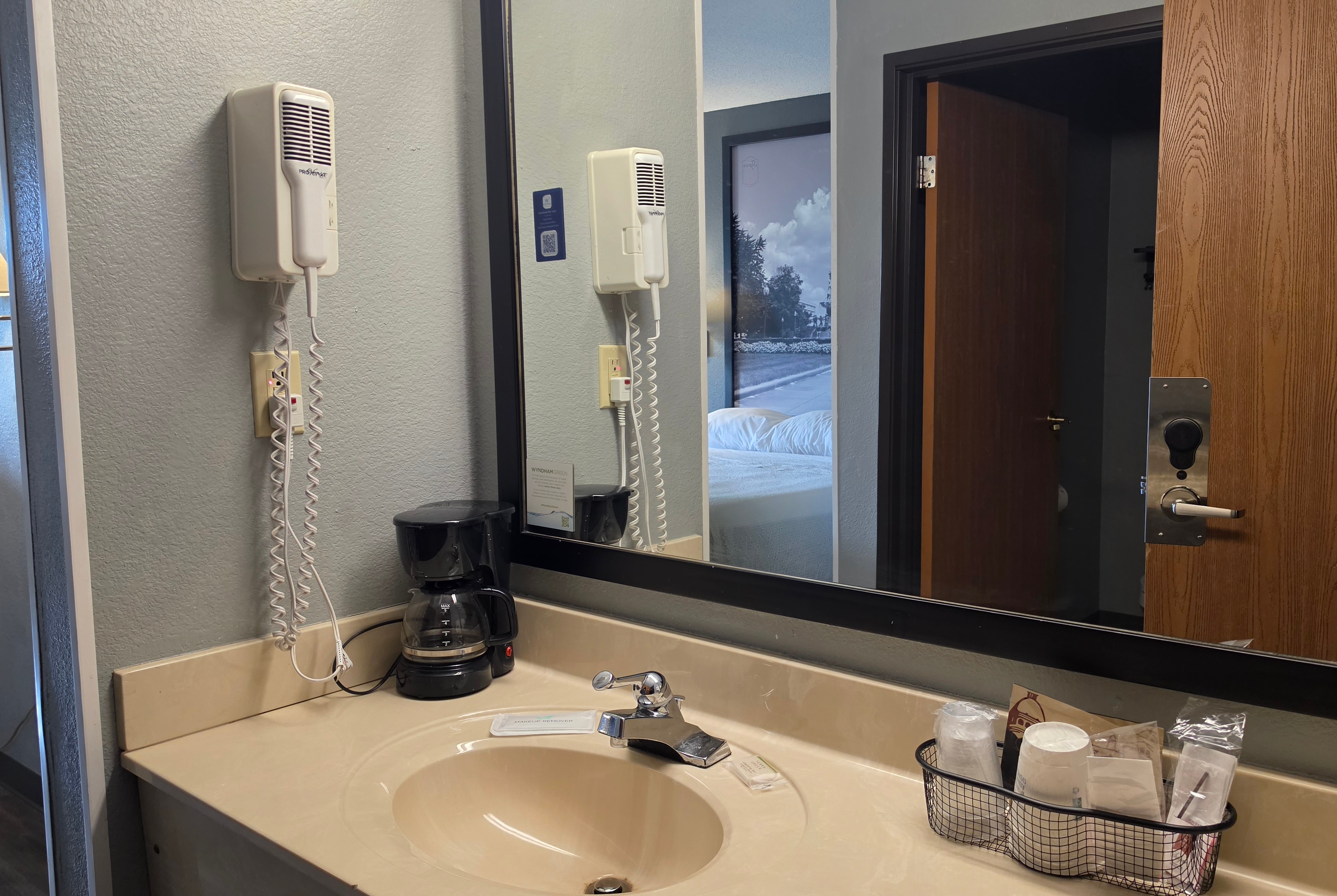 Guest room bath at the Super 8 by Wyndham Cloverdale IN in Cloverdale, Indiana