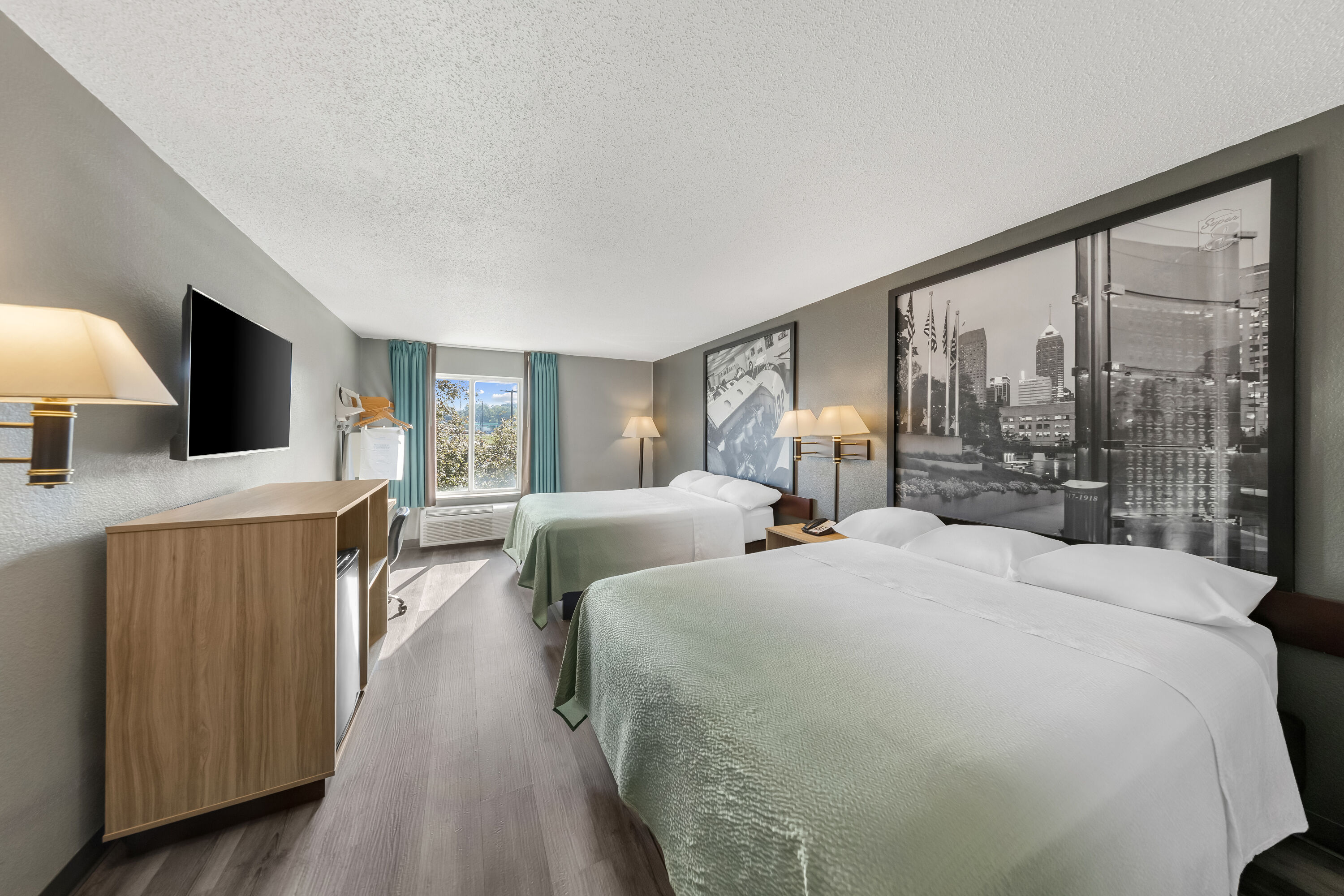 Double bed guest room at the Super 8 by Wyndham Cloverdale IN in Cloverdale, Indiana