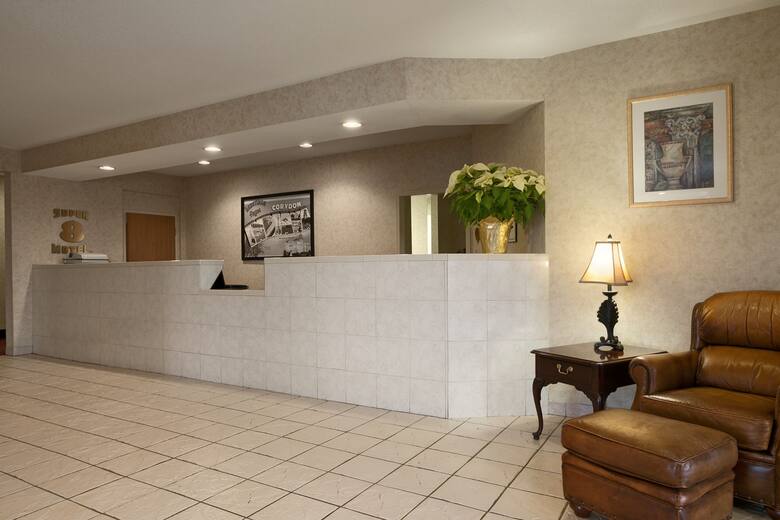 Super 8 Corydon hotel lobby in Corydon, Indiana