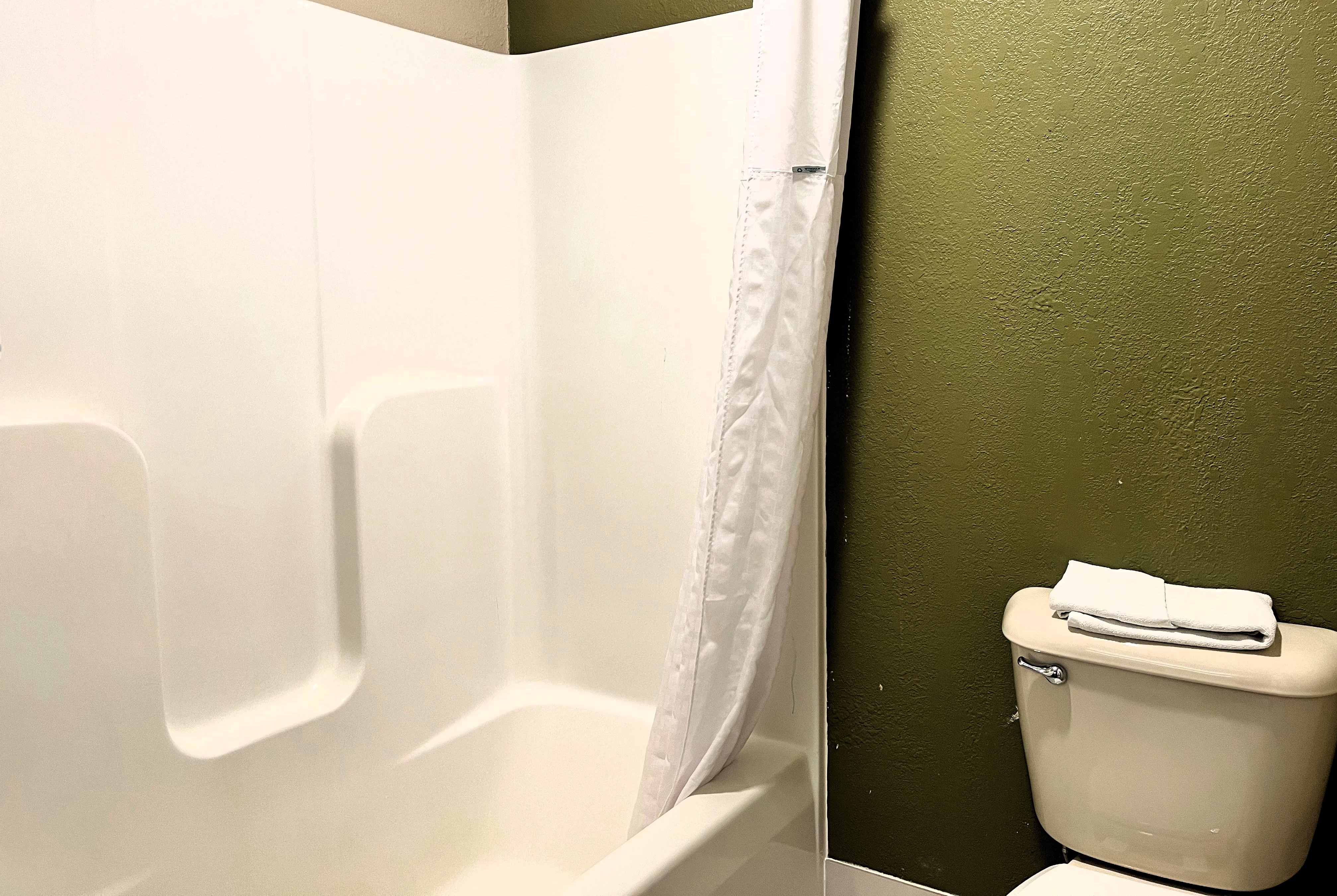 Guest room bath at the Super 8 by Wyndham Madison IN in Madison, Indiana