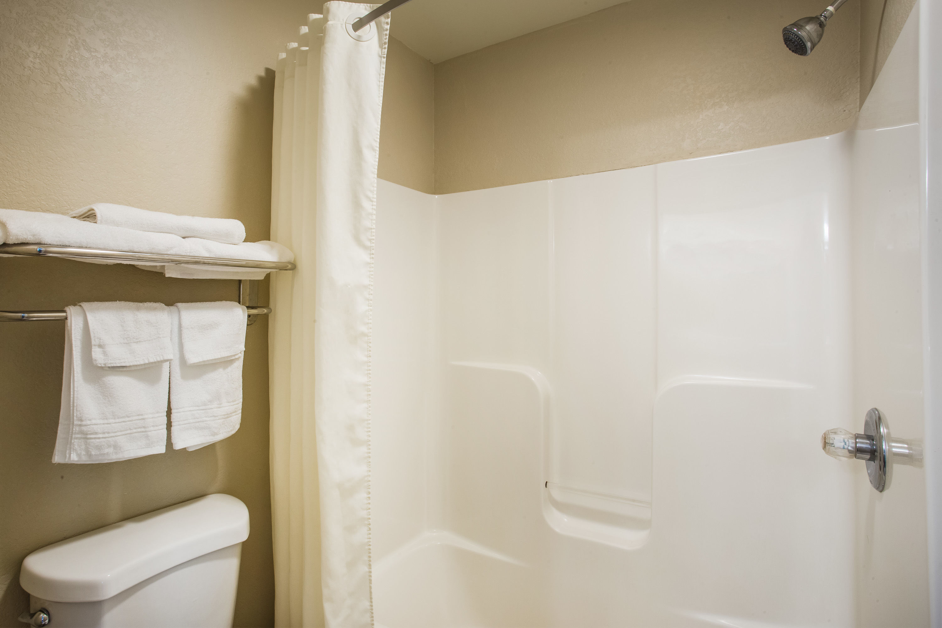 Guest room bath at the Super 8 by Wyndham Remington in Remington, Indiana