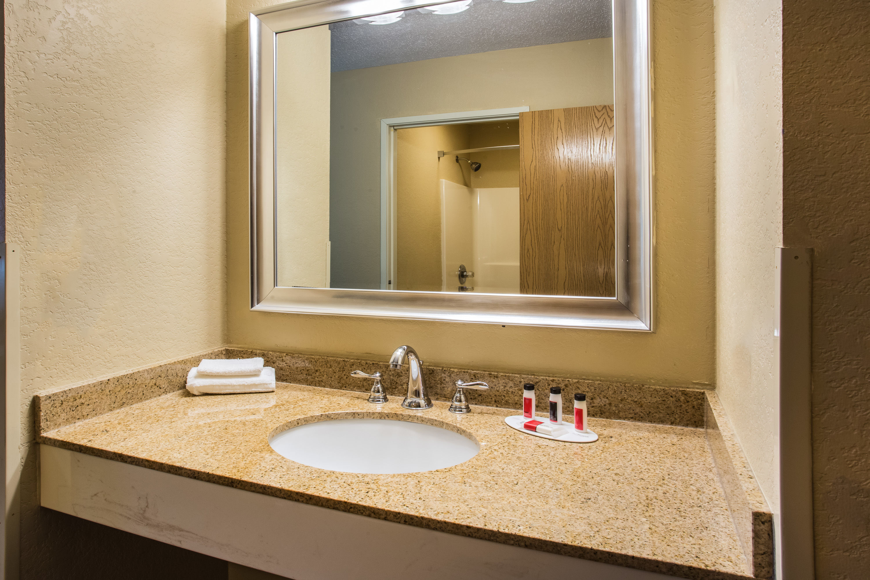Guest room bath at the Super 8 by Wyndham Remington in Remington, Indiana