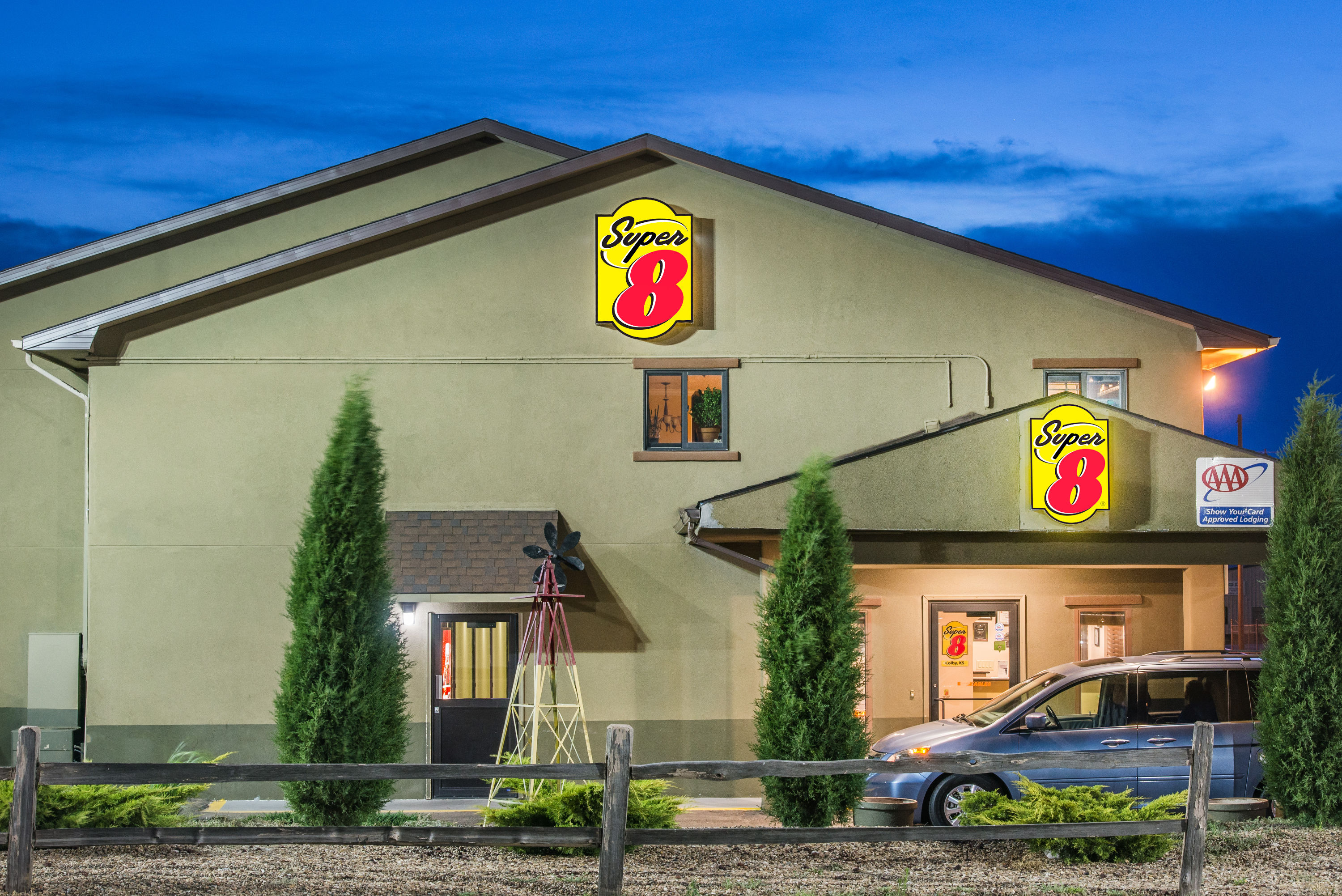 Exterior Dusk Image of Super 8 by Wyndham Colby hotel in Colby, Kansas