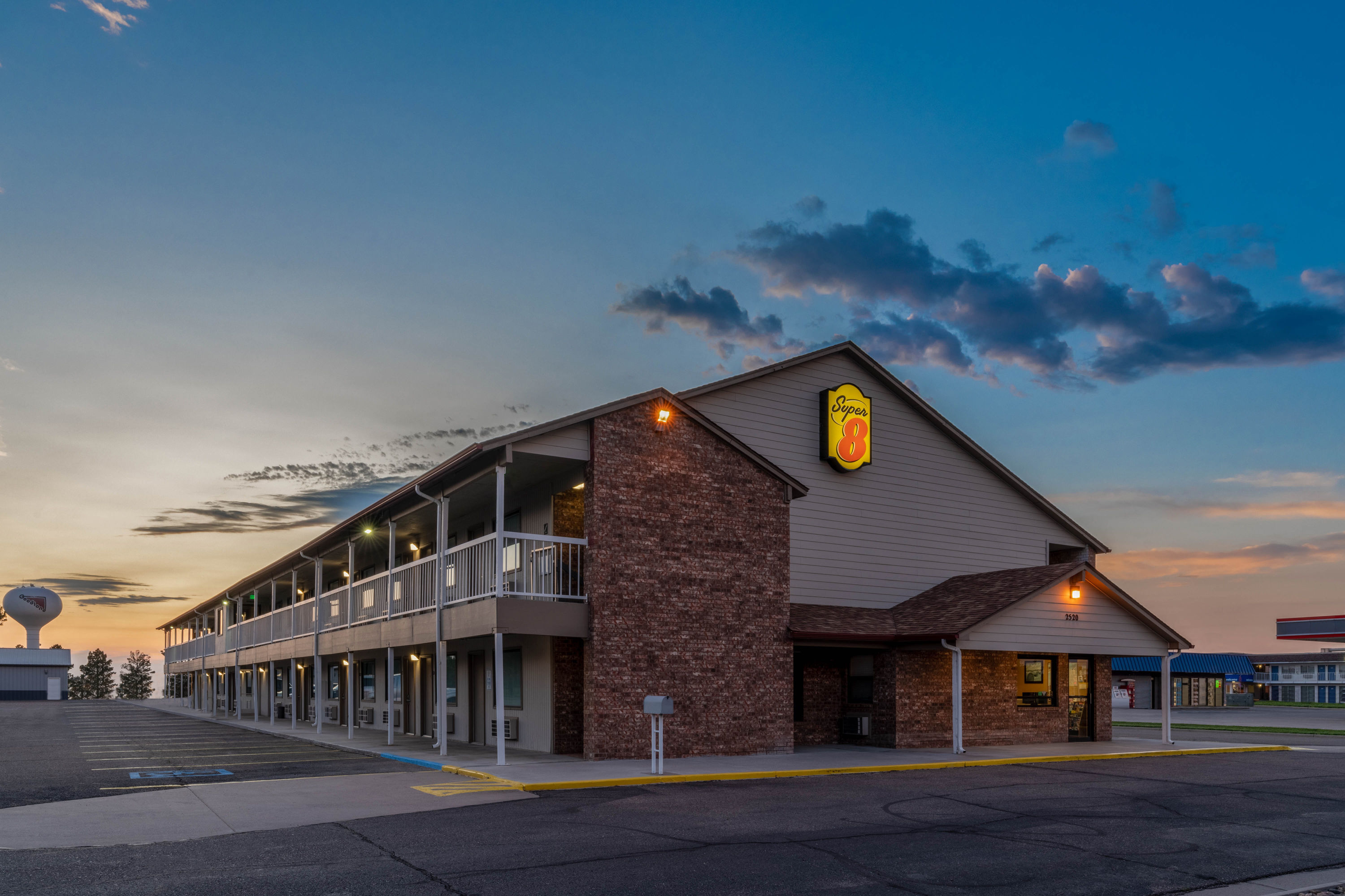 Exterior Dusk Image of Super 8 by Wyndham Goodland hotel in Goodland, Kansas