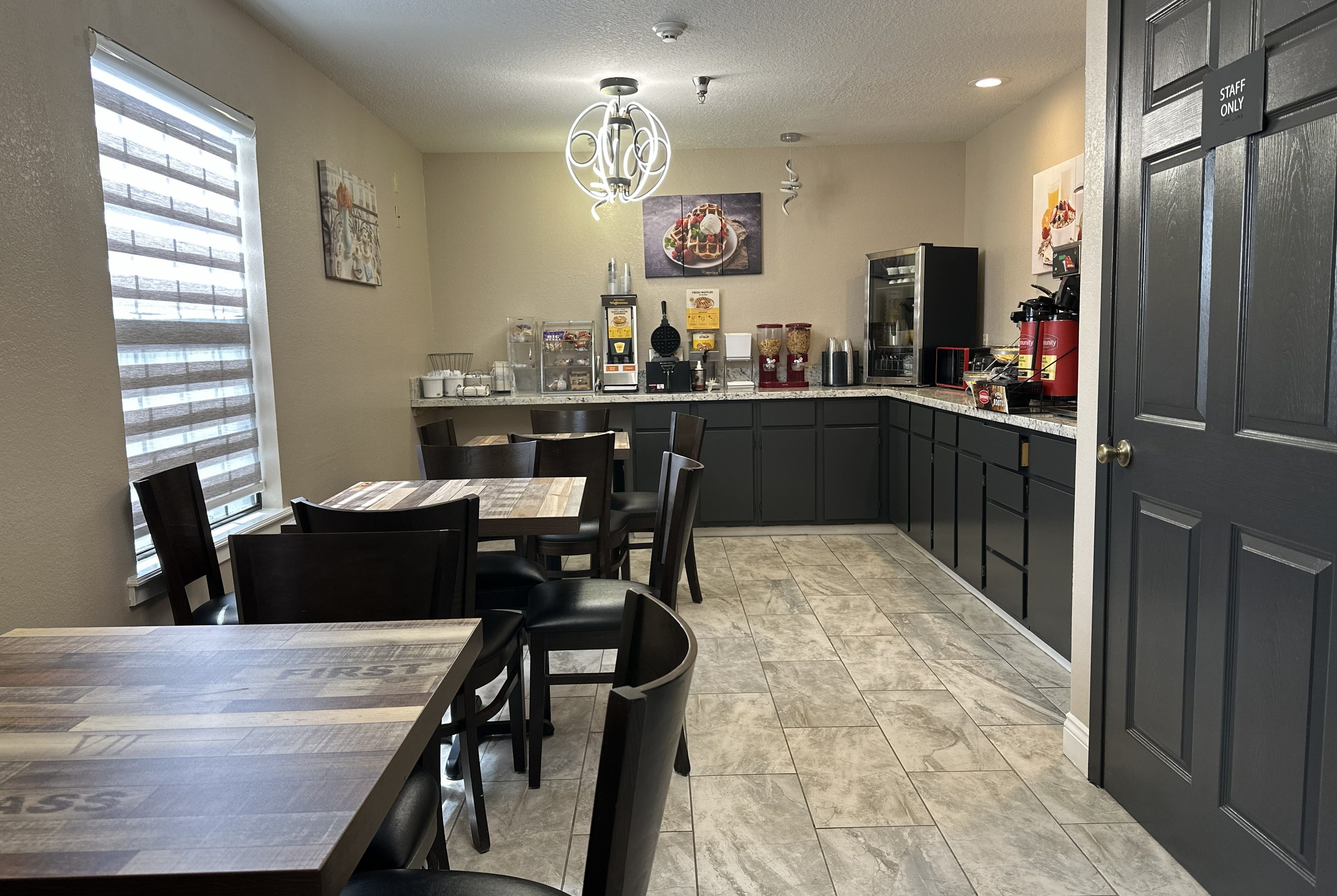 Super 8 by Wyndham Kinder/Coushatta near Casino restaurant breakfast area close up in Kinder, Louisiana