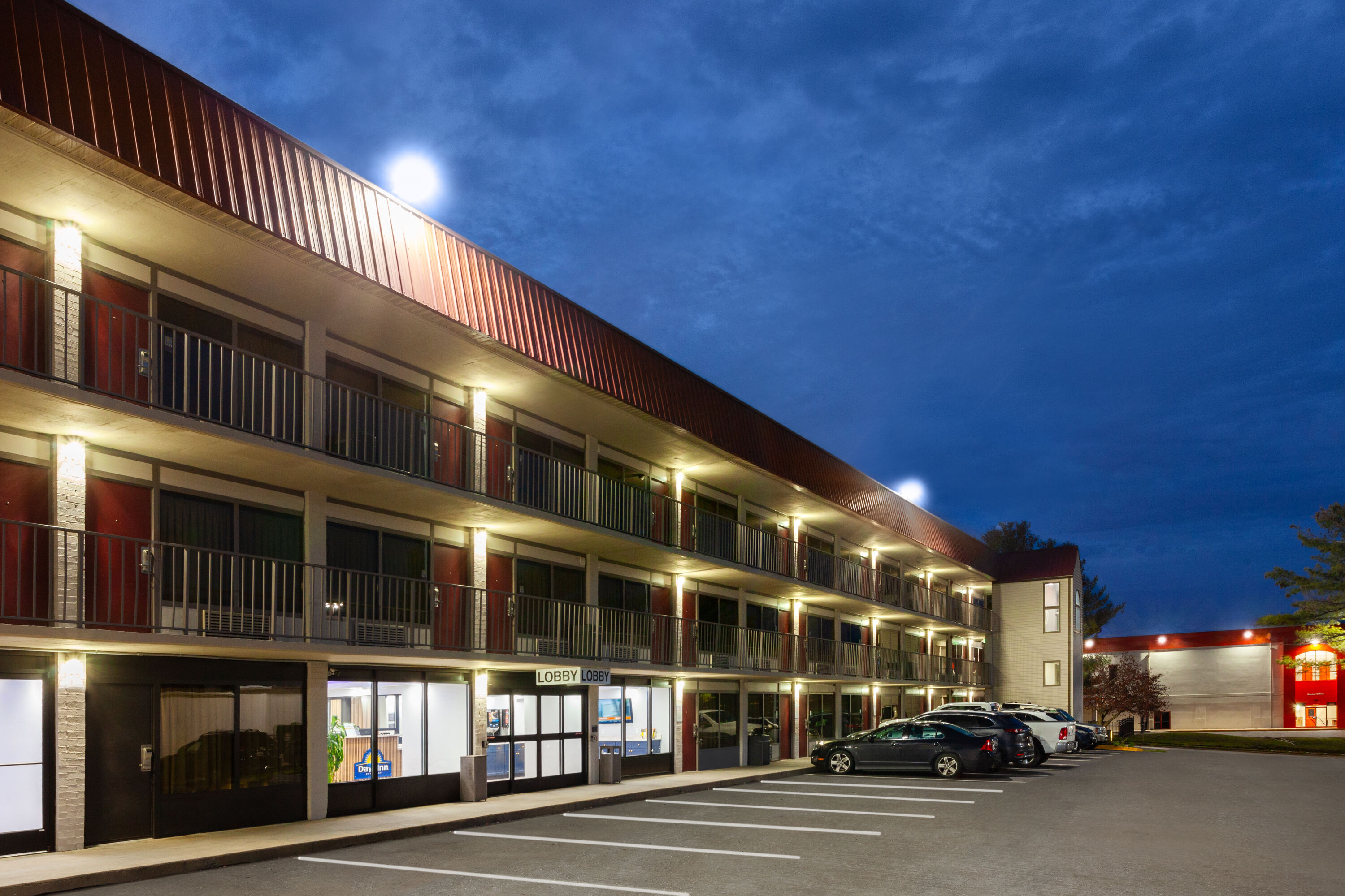 Exterior Dusk Image of Super 8 by Wyndham Baltimore Northwest hotel in Baltimore, Maryland