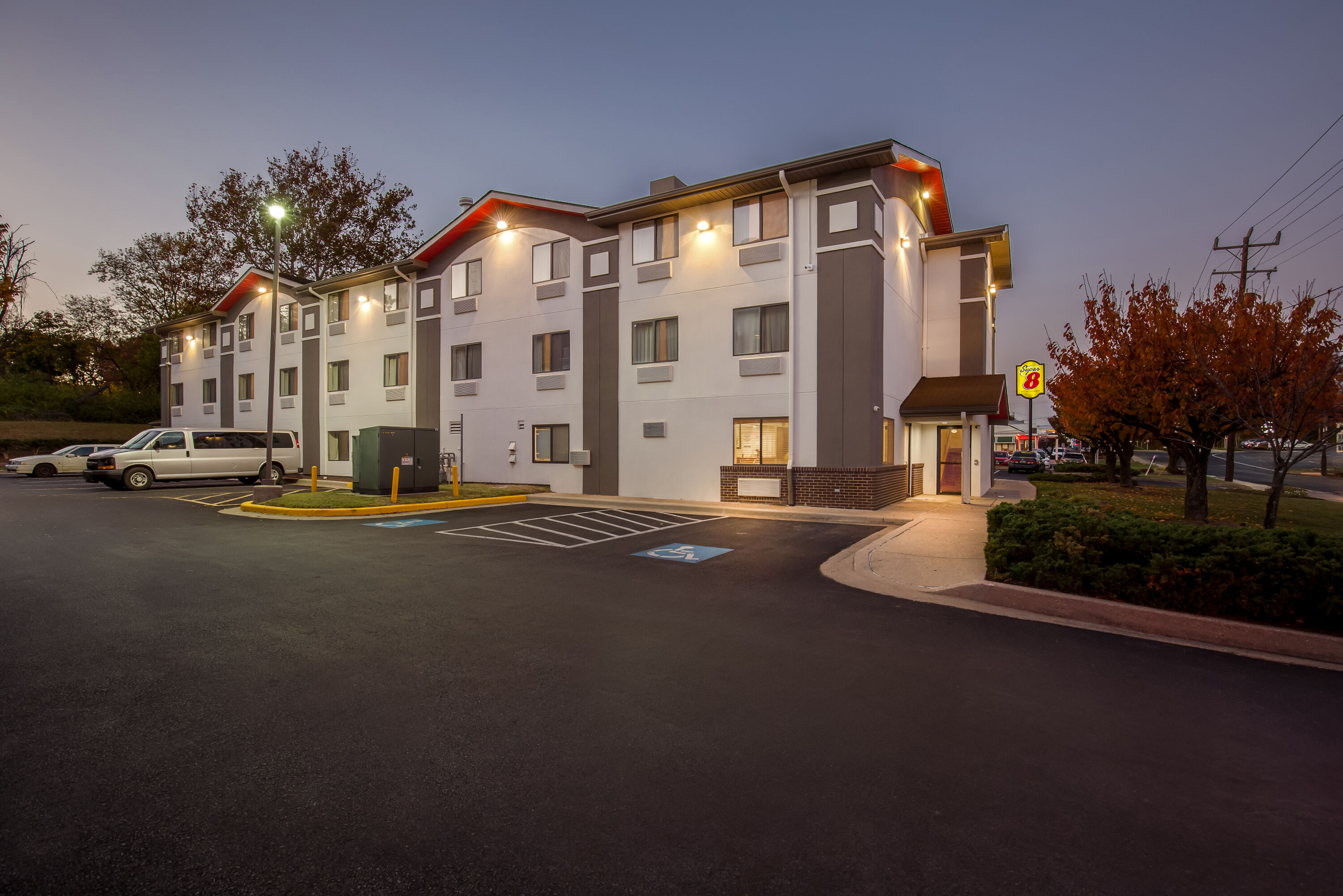 Exterior Night Image of Super 8 by Wyndham College Park Wash DC Area hotel in College Park, Maryland