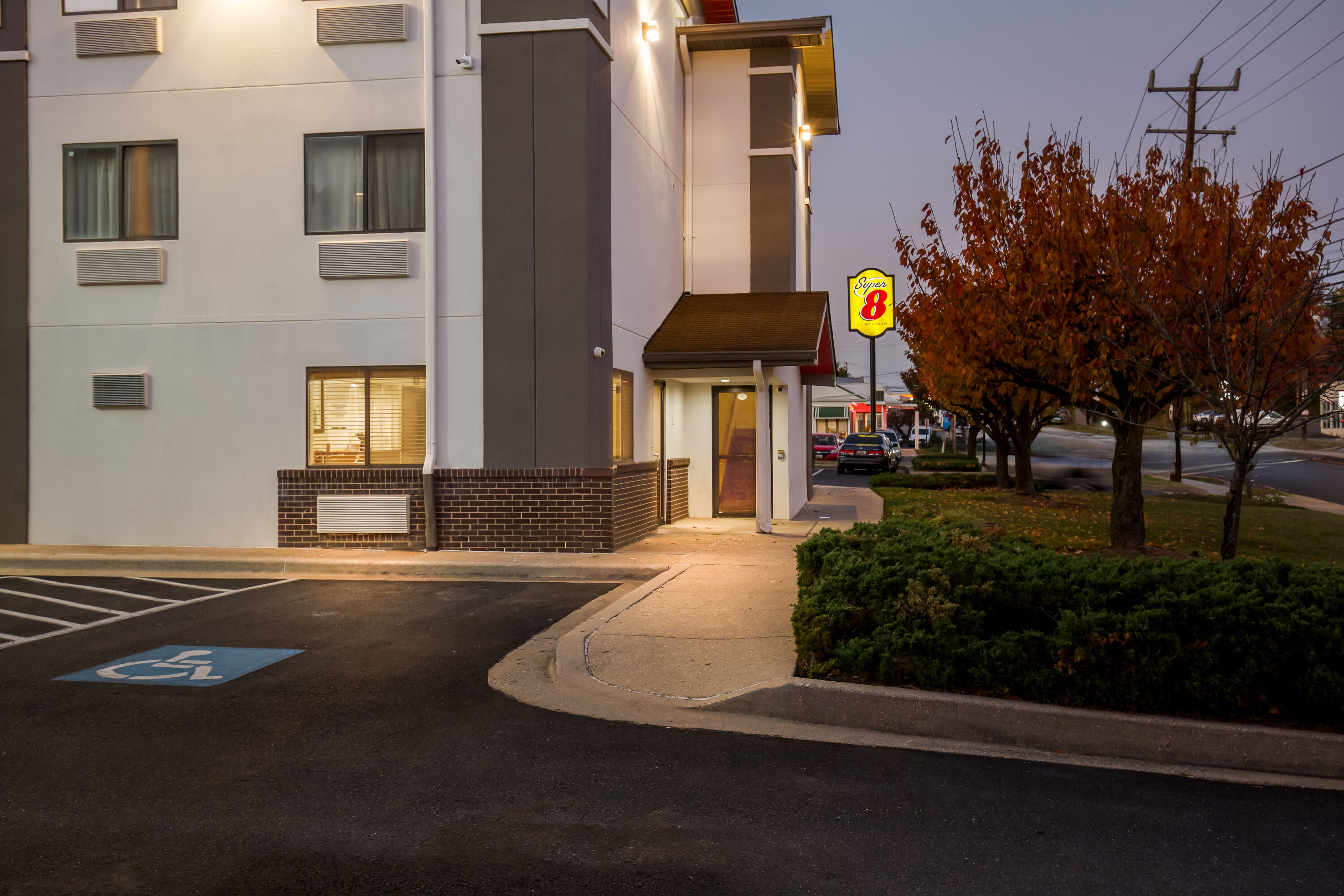 Exterior Night Image of Super 8 by Wyndham College Park Wash DC Area hotel in College Park, Maryland