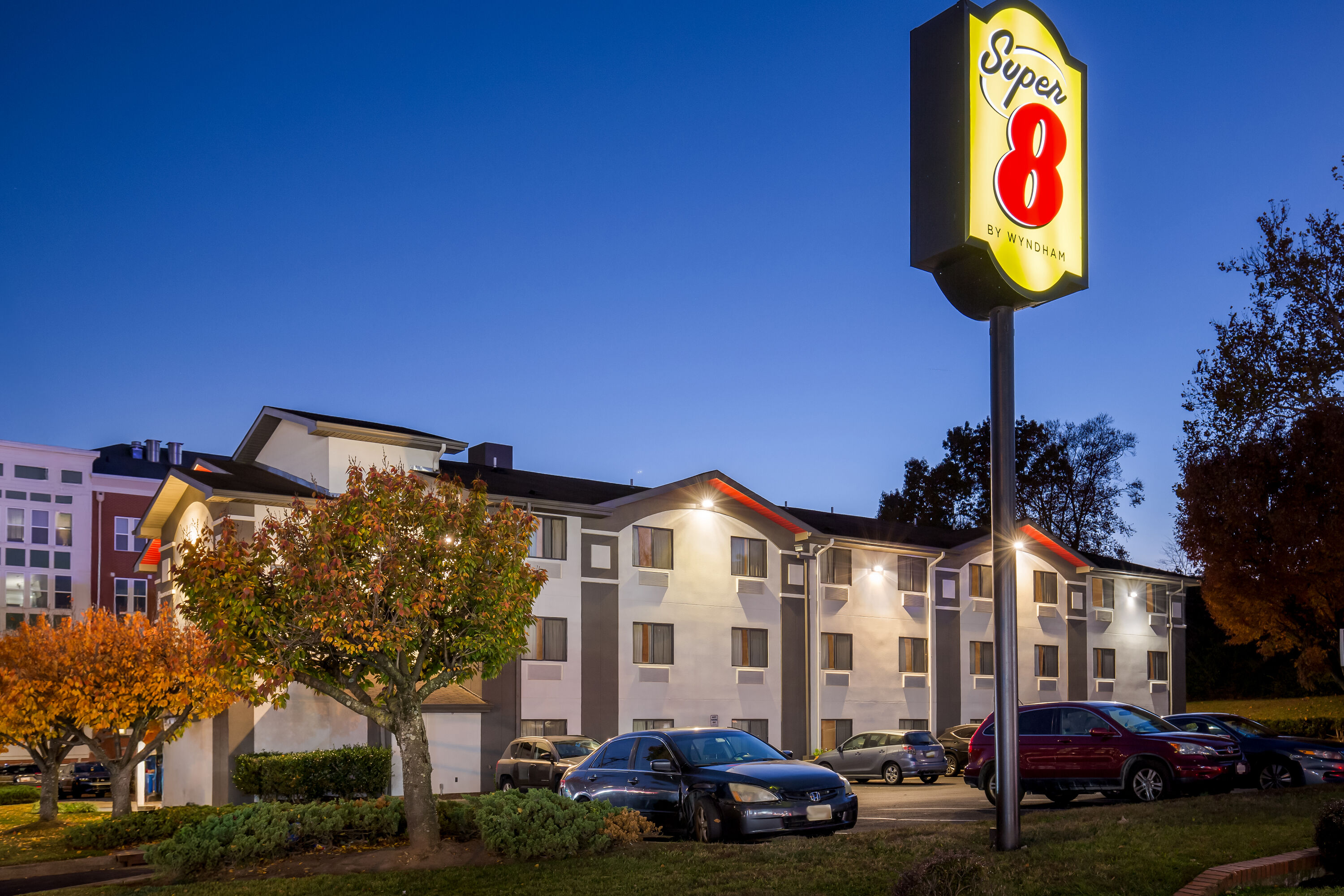 Exterior Night Image of Super 8 by Wyndham College Park Wash DC Area hotel in College Park, Maryland