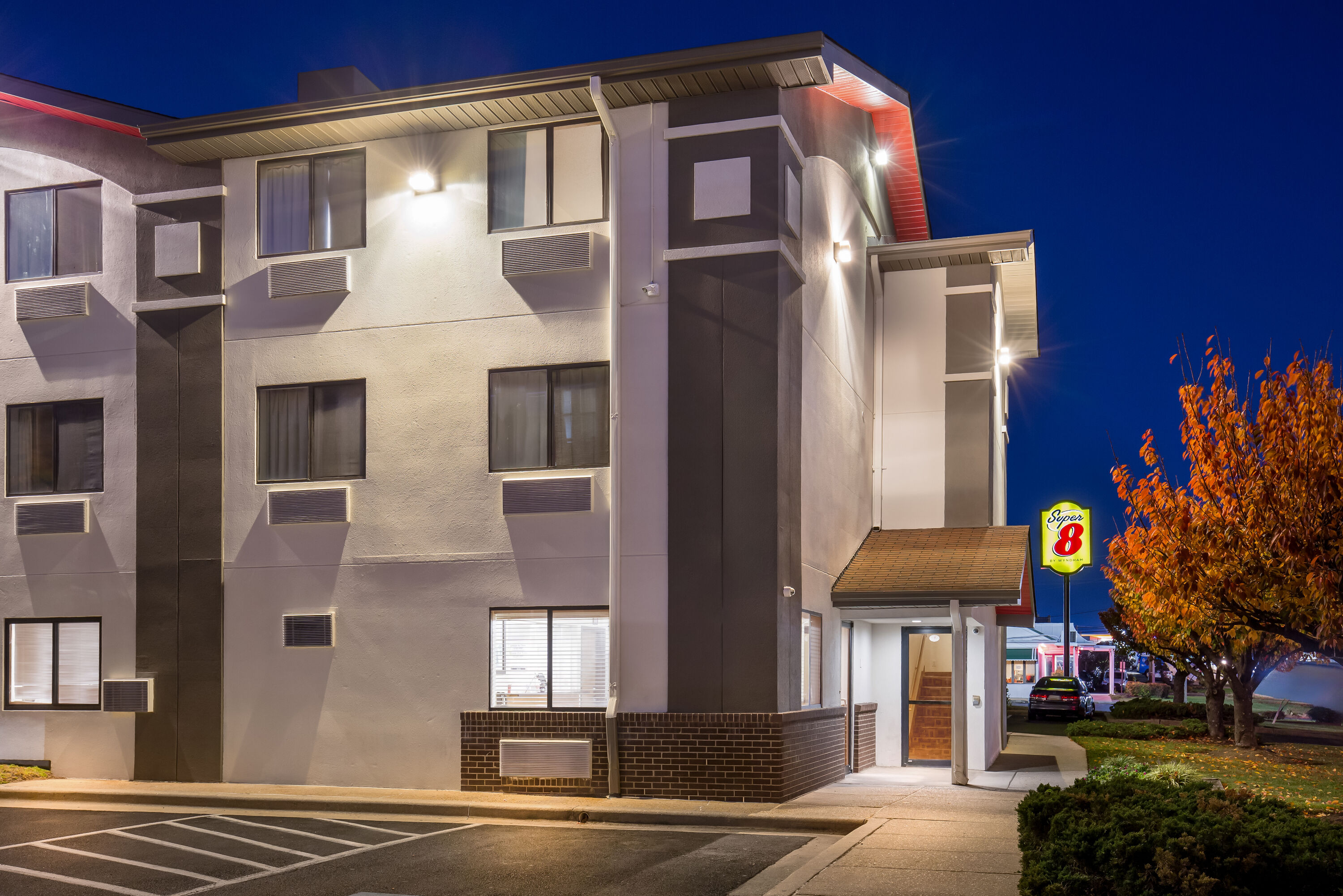 Exterior Night Image of Super 8 by Wyndham College Park Wash DC Area hotel in College Park, Maryland