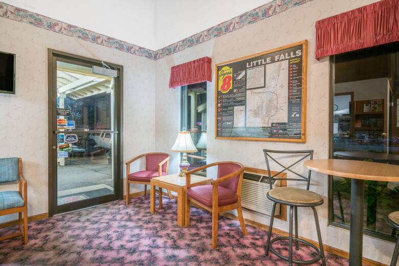 Super 8 Little Falls hotel lobby in Little Falls, Minnesota