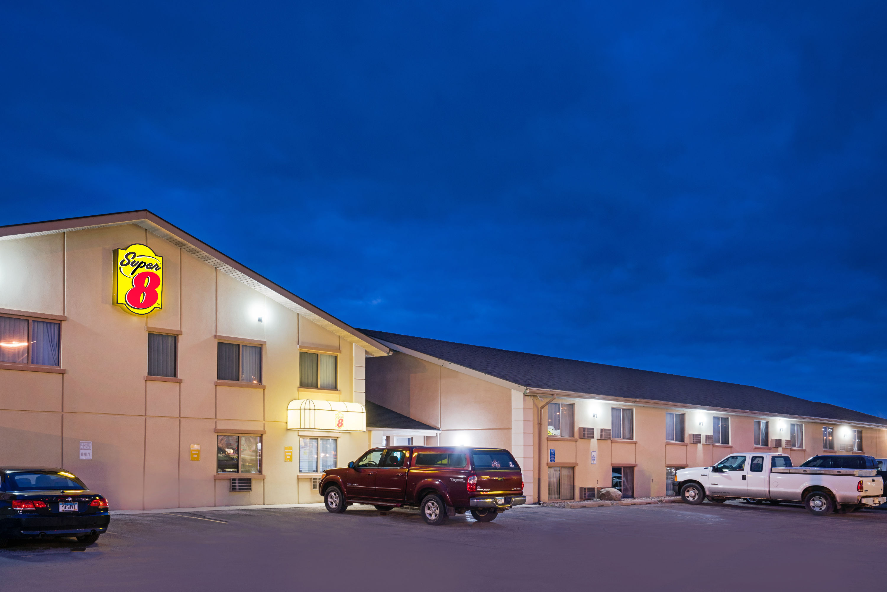 Exterior Dusk Image of Super 8 by Wyndham Marshall MN hotel in Marshall, Minnesota