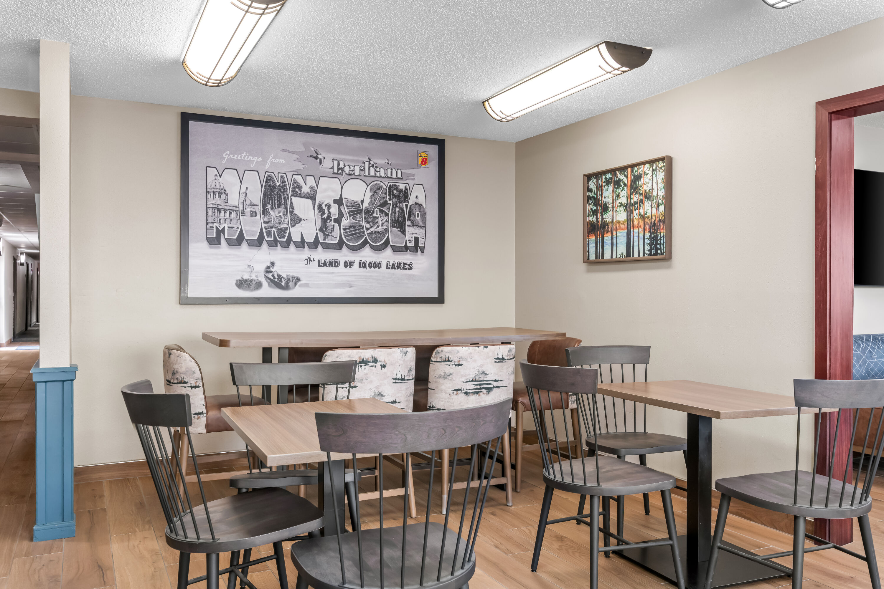 Super 8 by Wyndham Perham restaurant breakfast area with seating in Perham, Minnesota