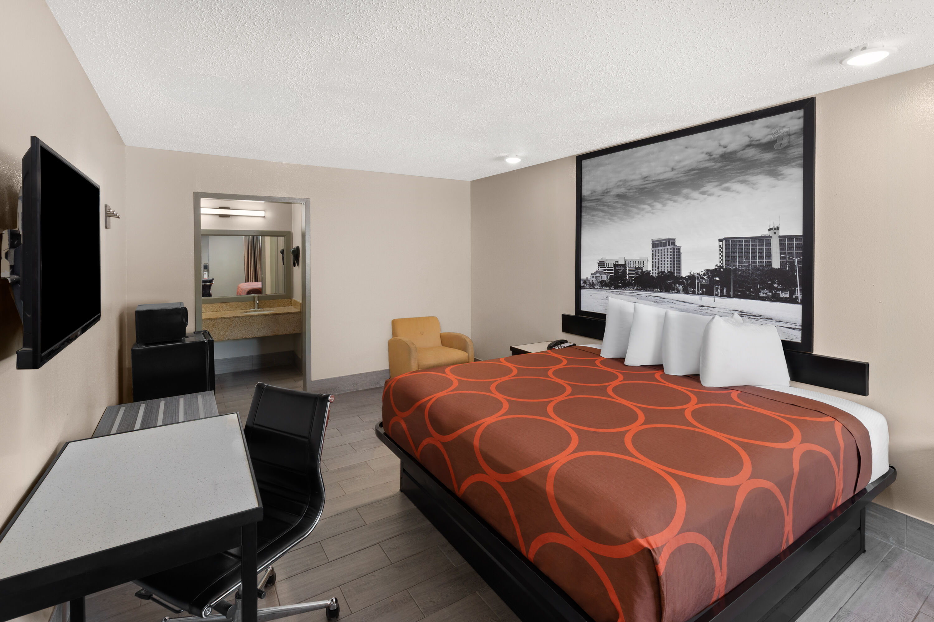 Guest room at the Super 8 by Wyndham Biloxi at the Beach in Biloxi, Mississippi